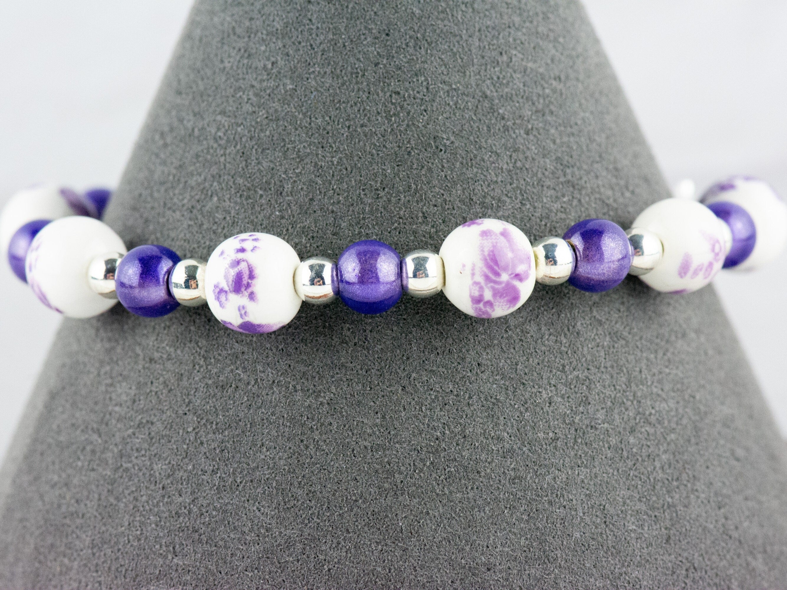 Floral Purple Ceramic and Glass Interchangeable Stretch Beaded Watch Band • Medical ID Bracelet • Single Strand • Handmade Jewelry