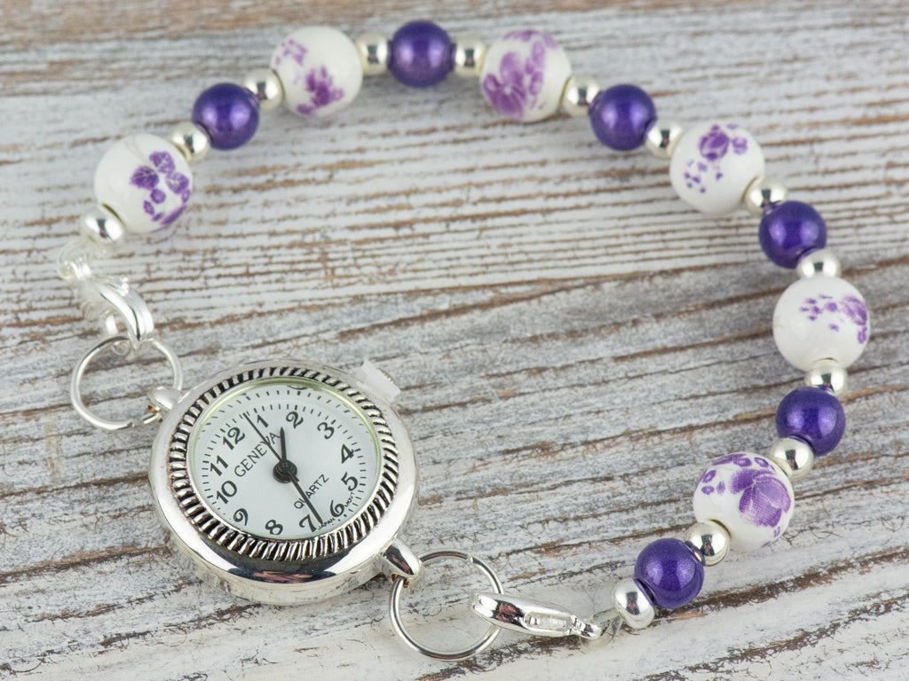 Floral Purple Ceramic and Glass Interchangeable Stretch Beaded Watch Band • Medical ID Bracelet • Single Strand • Handmade Jewelry