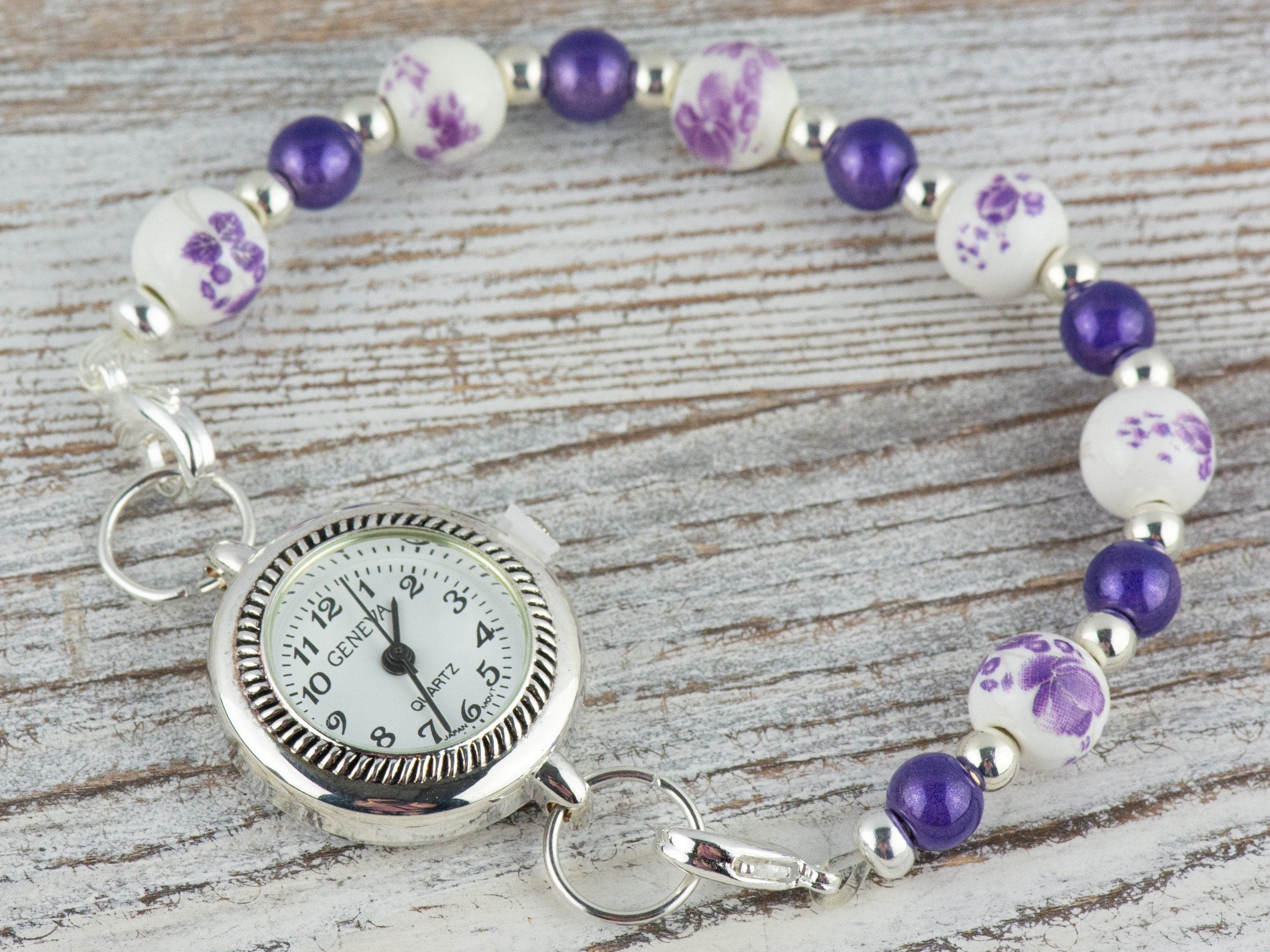 Floral Purple Ceramic and Glass Interchangeable Stretch Beaded Watch Band • Medical ID Bracelet • Single Strand • Handmade Jewelry