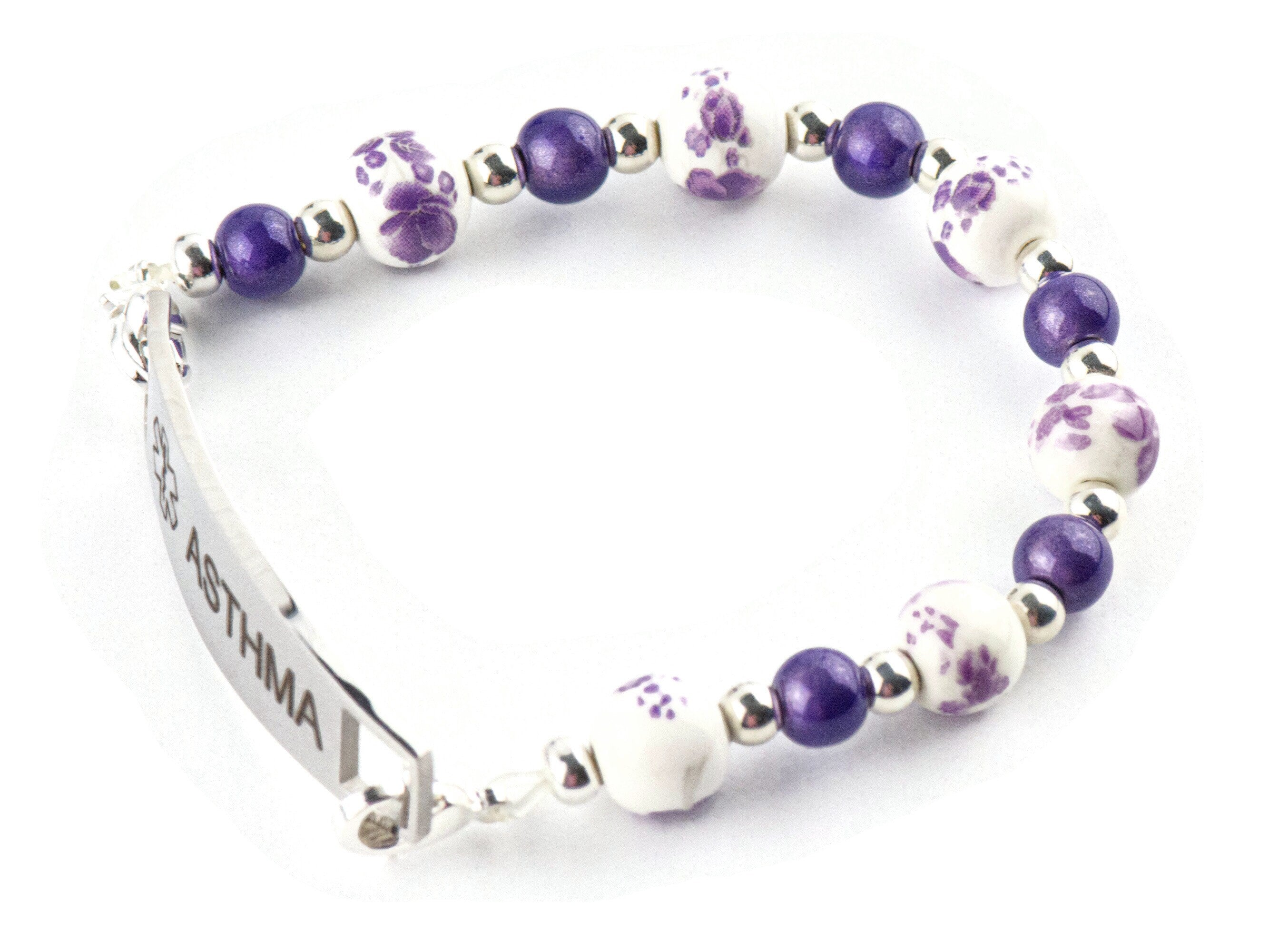 Floral Purple Ceramic and Glass Interchangeable Stretch Beaded Watch Band • Medical ID Bracelet • Single Strand • Handmade Jewelry