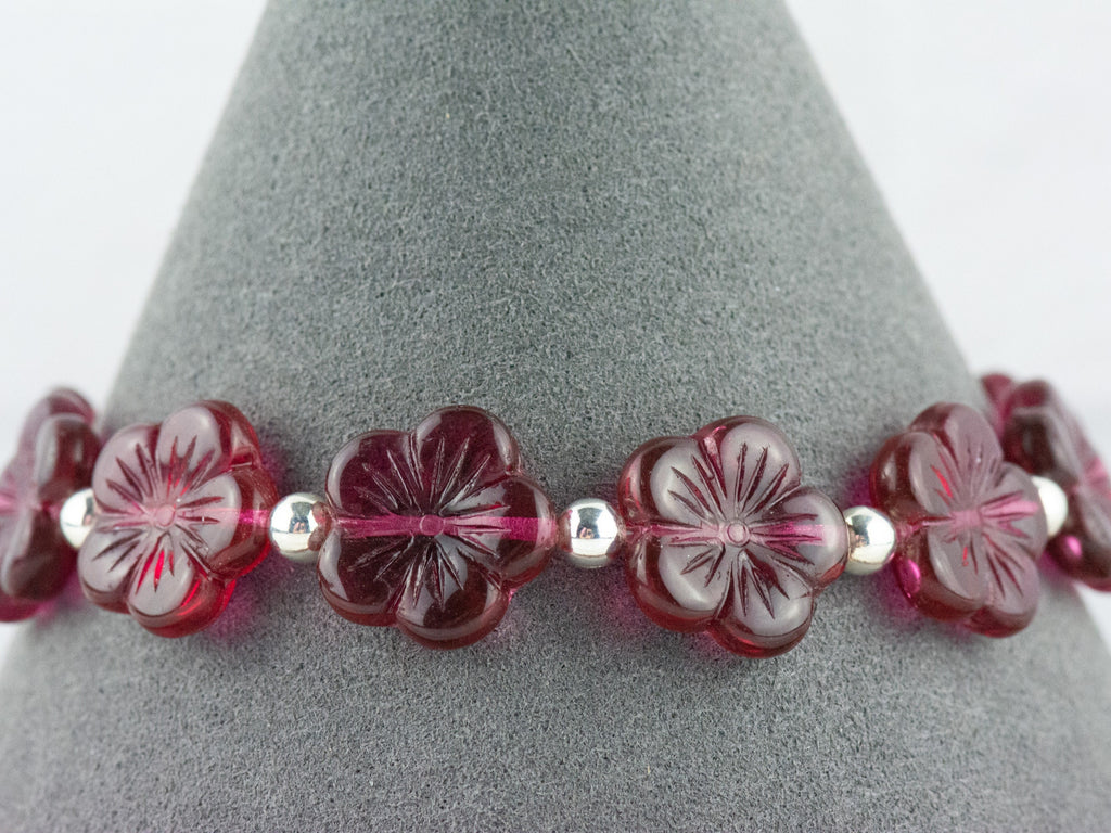 Very Berry Glass Flower Interchangeable Stretch Beaded Watch Band • Medical ID Bracelet • Single Strand • Handmade Jewelry