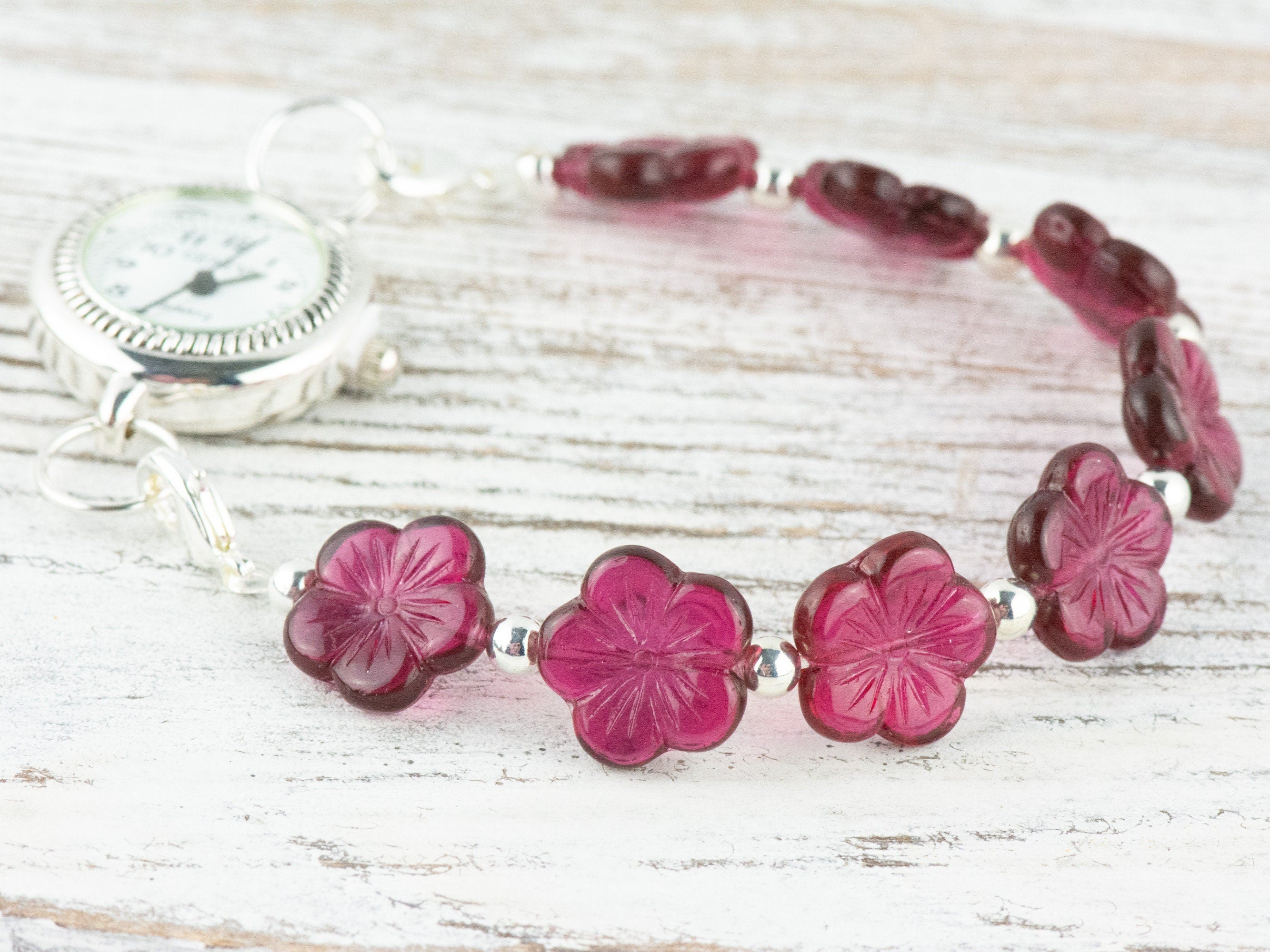 Very Berry Glass Flower Interchangeable Stretch Beaded Watch Band • Medical ID Bracelet • Single Strand • Handmade Jewelry