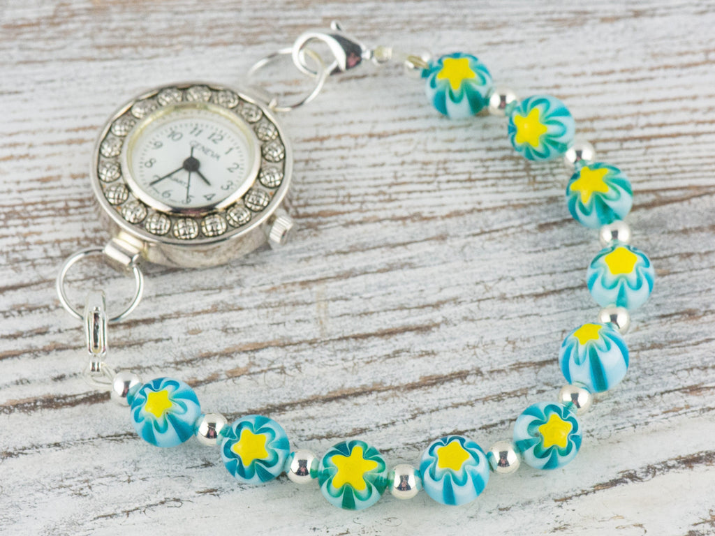 Yellow Starburst Glass Interchangeable Stretch Beaded Watch Band • Medical ID Bracelet • Single Strand • Handmade Jewelry