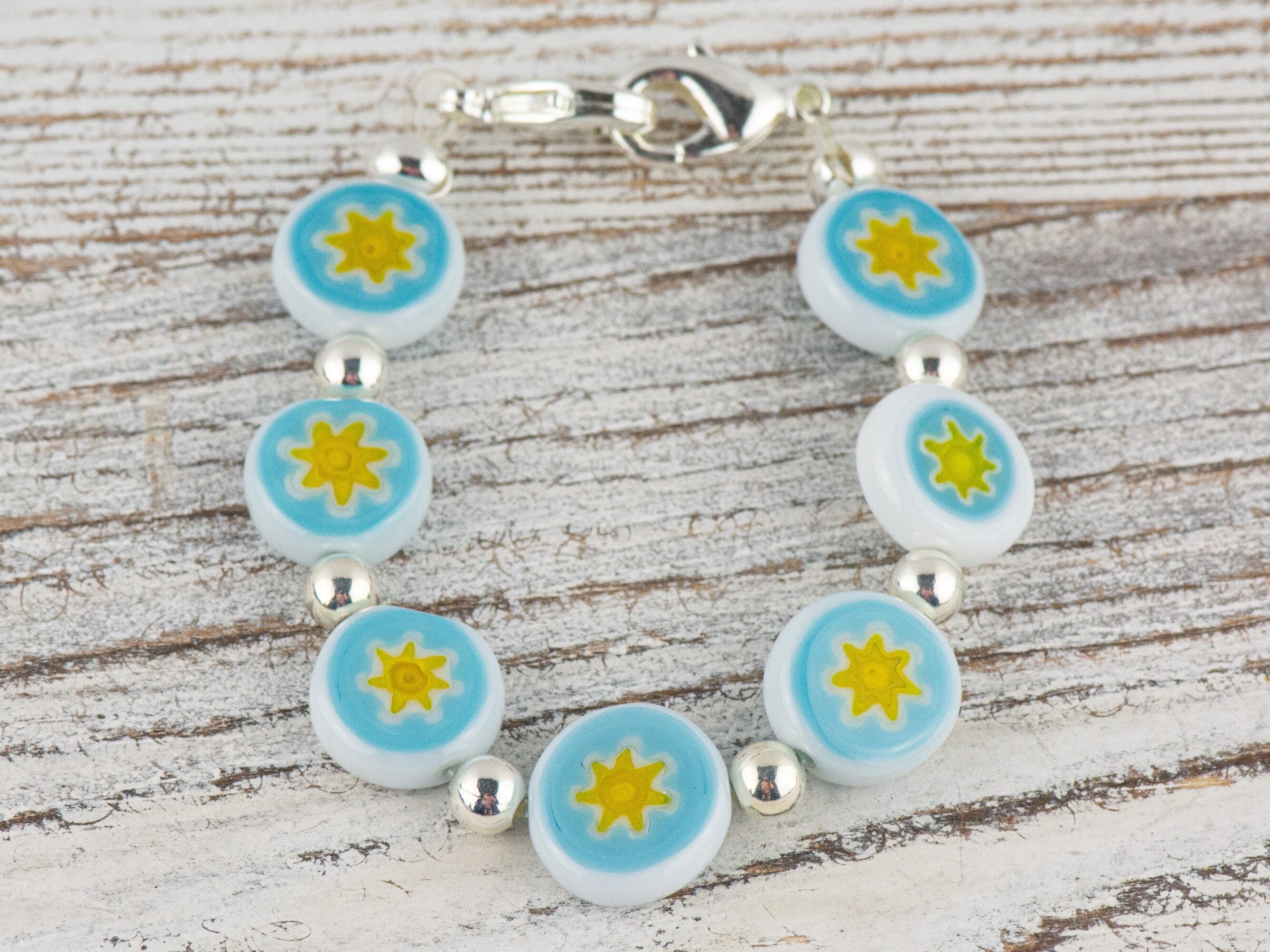 Blue & Yellow Star Glass Coin Interchangeable Stretch Beaded Watch Band • Medical ID Bracelet • Single Strand • Handmade Jewelry