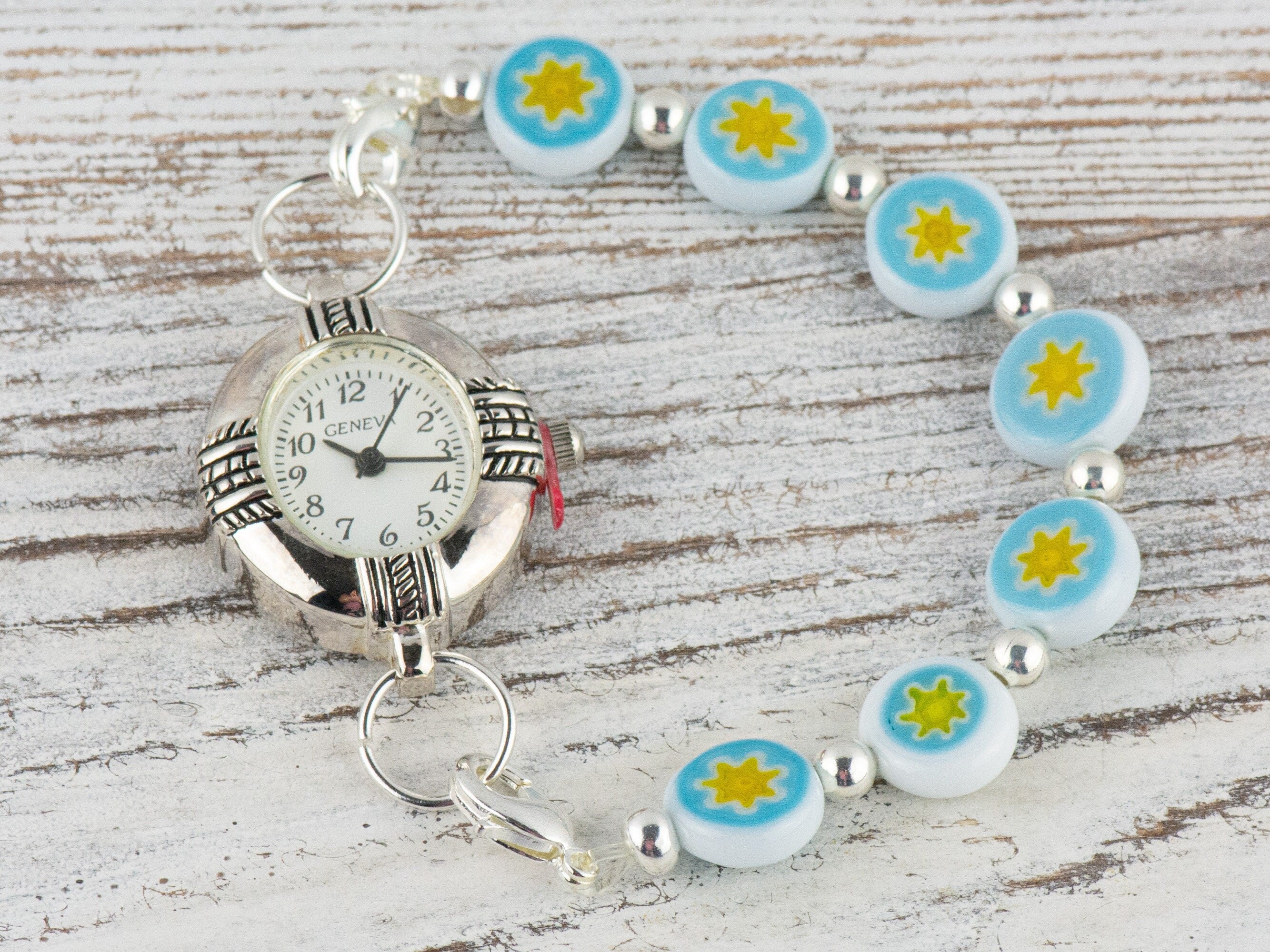 Blue & Yellow Star Glass Coin Interchangeable Stretch Beaded Watch Band • Medical ID Bracelet • Single Strand • Handmade Jewelry