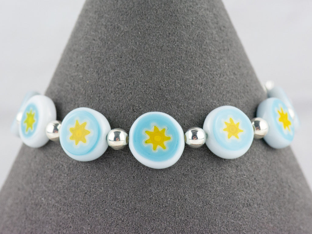Blue & Yellow Star Glass Coin Interchangeable Stretch Beaded Watch Band • Medical ID Bracelet • Single Strand • Handmade Jewelry