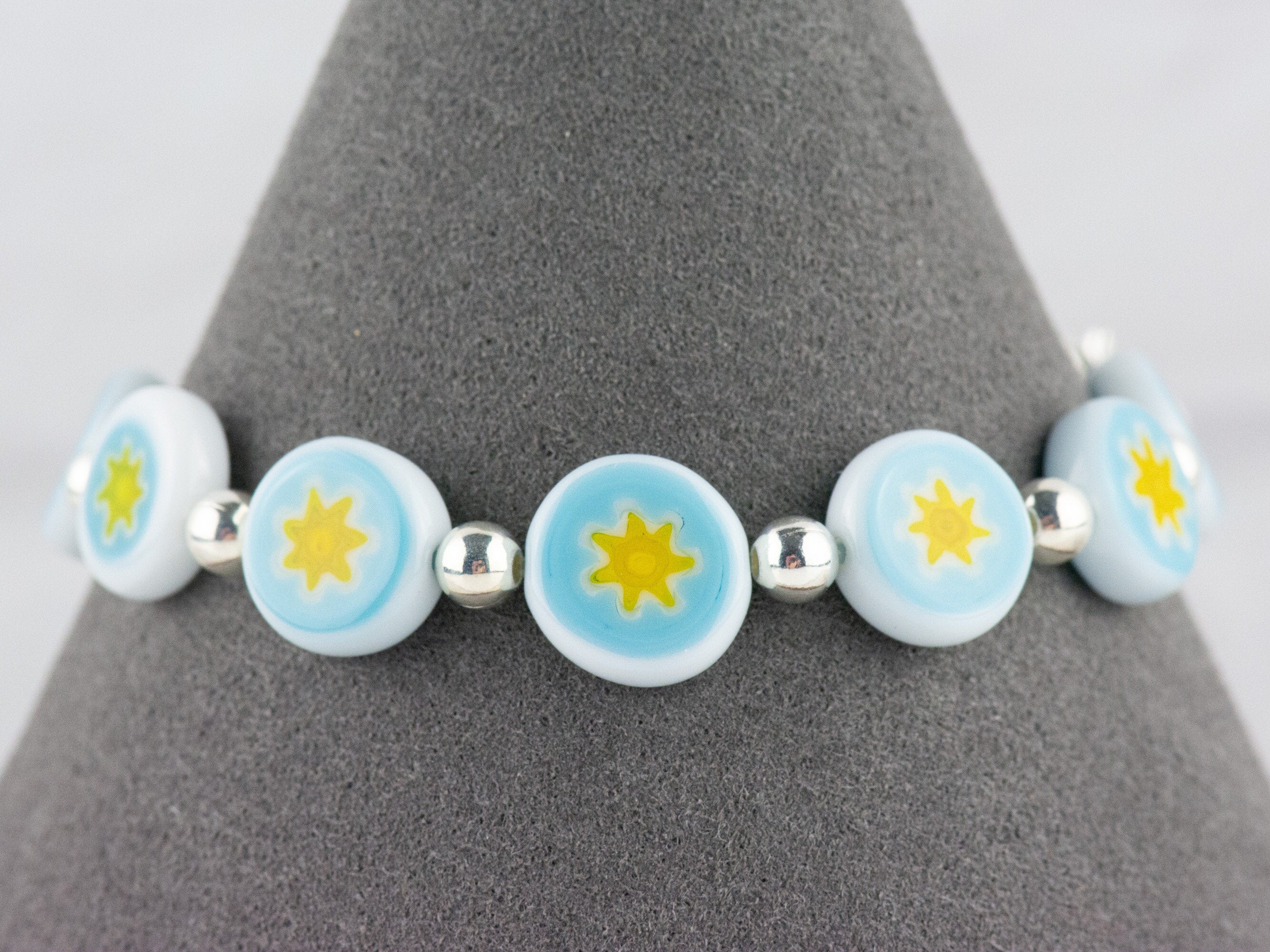 Blue & Yellow Star Glass Coin Interchangeable Stretch Beaded Watch Band • Medical ID Bracelet • Single Strand • Handmade Jewelry