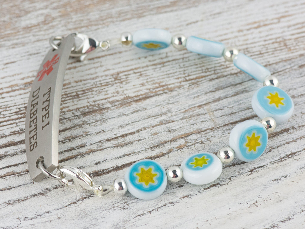 Blue & Yellow Star Glass Coin Interchangeable Stretch Beaded Watch Band • Medical ID Bracelet • Single Strand • Handmade Jewelry