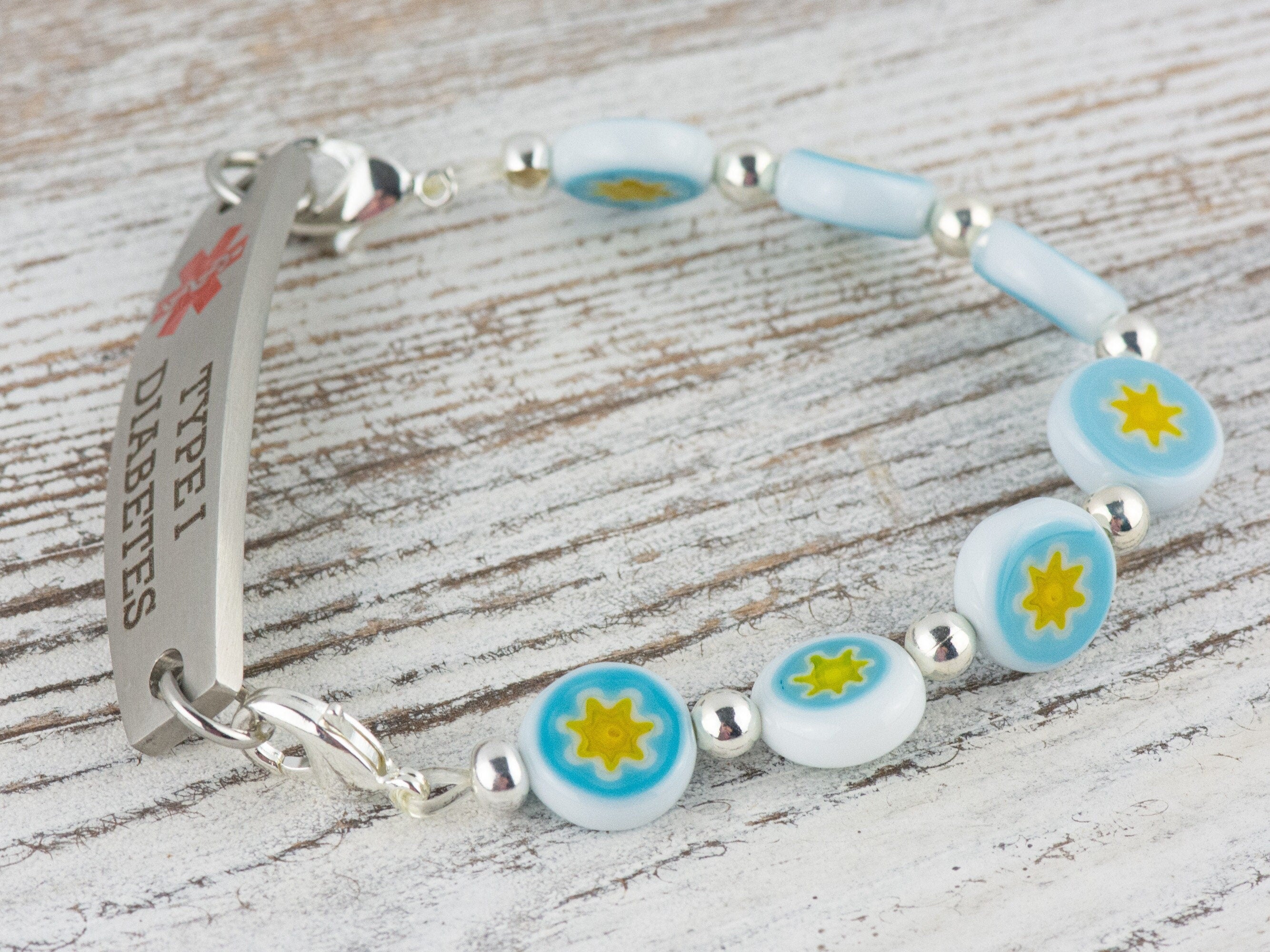 Blue & Yellow Star Glass Coin Interchangeable Stretch Beaded Watch Band • Medical ID Bracelet • Single Strand • Handmade Jewelry
