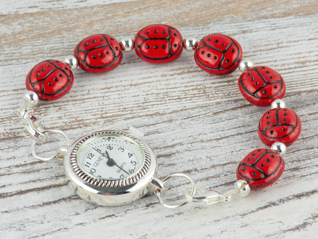Red Ladybug Glass Interchangeable Stretch Beaded Watch Band • Medical ID Bracelet • Single Strand • Handmade Jewelry