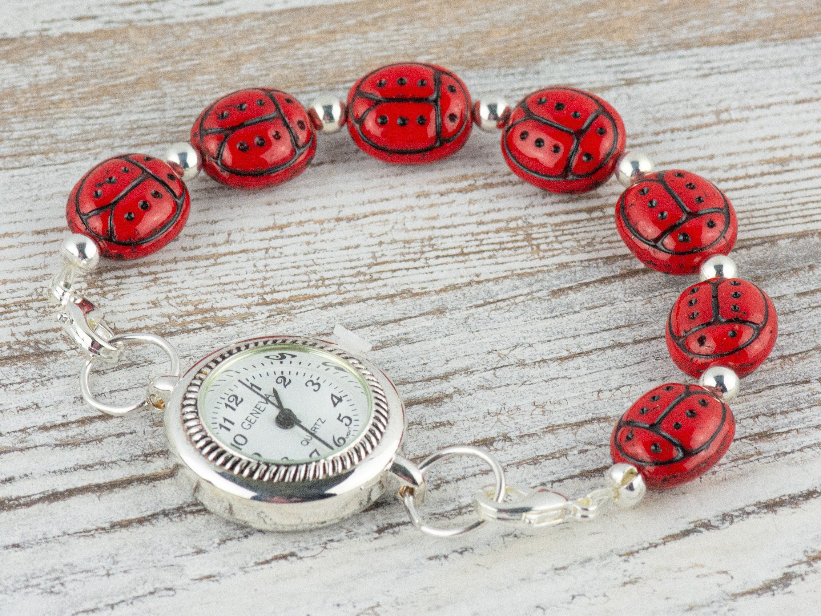 Red Ladybug Glass Interchangeable Stretch Beaded Watch Band • Medical ID Bracelet • Single Strand • Handmade Jewelry