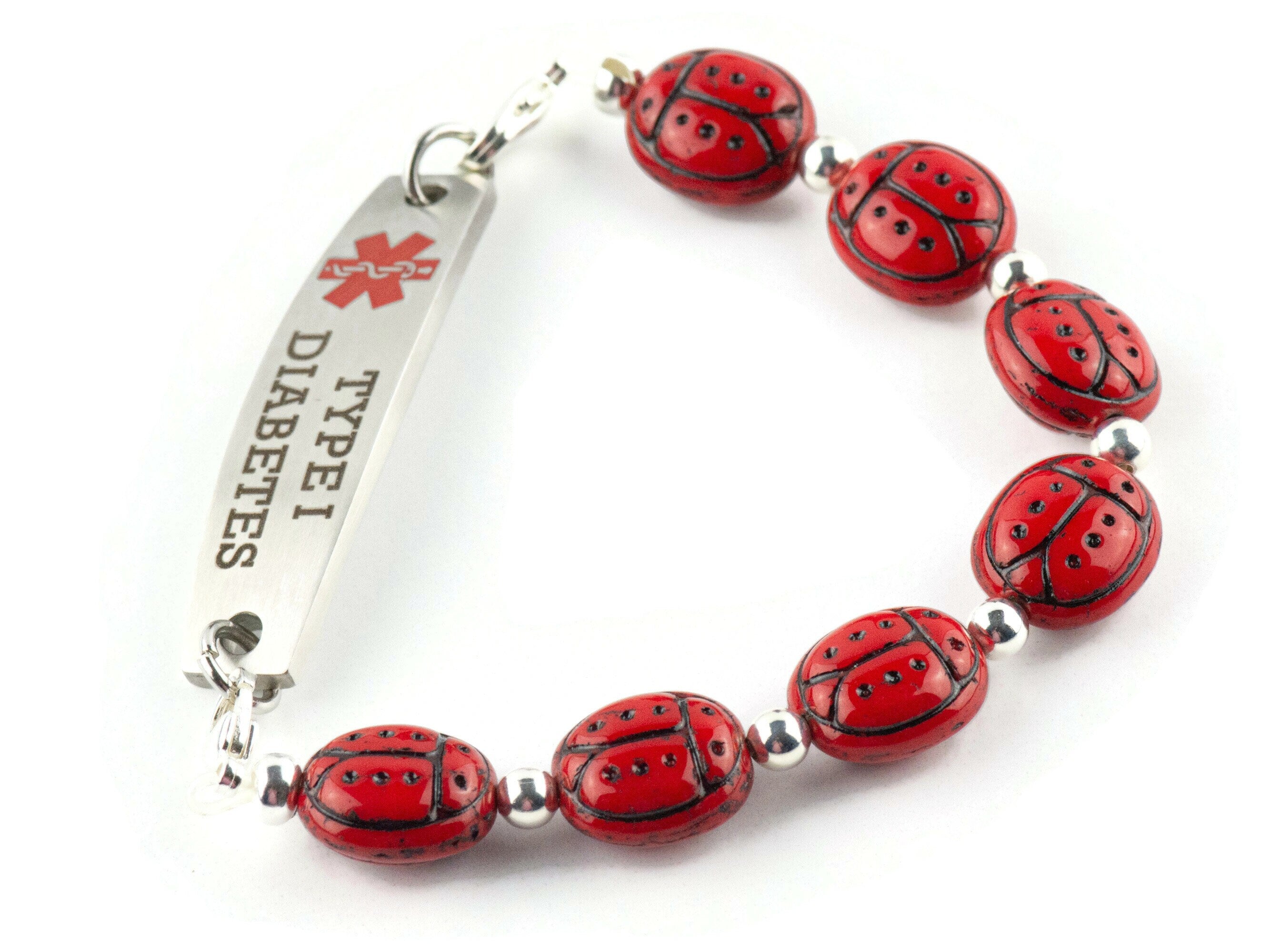 Red Ladybug Glass Interchangeable Stretch Beaded Watch Band • Medical ID Bracelet • Single Strand • Handmade Jewelry