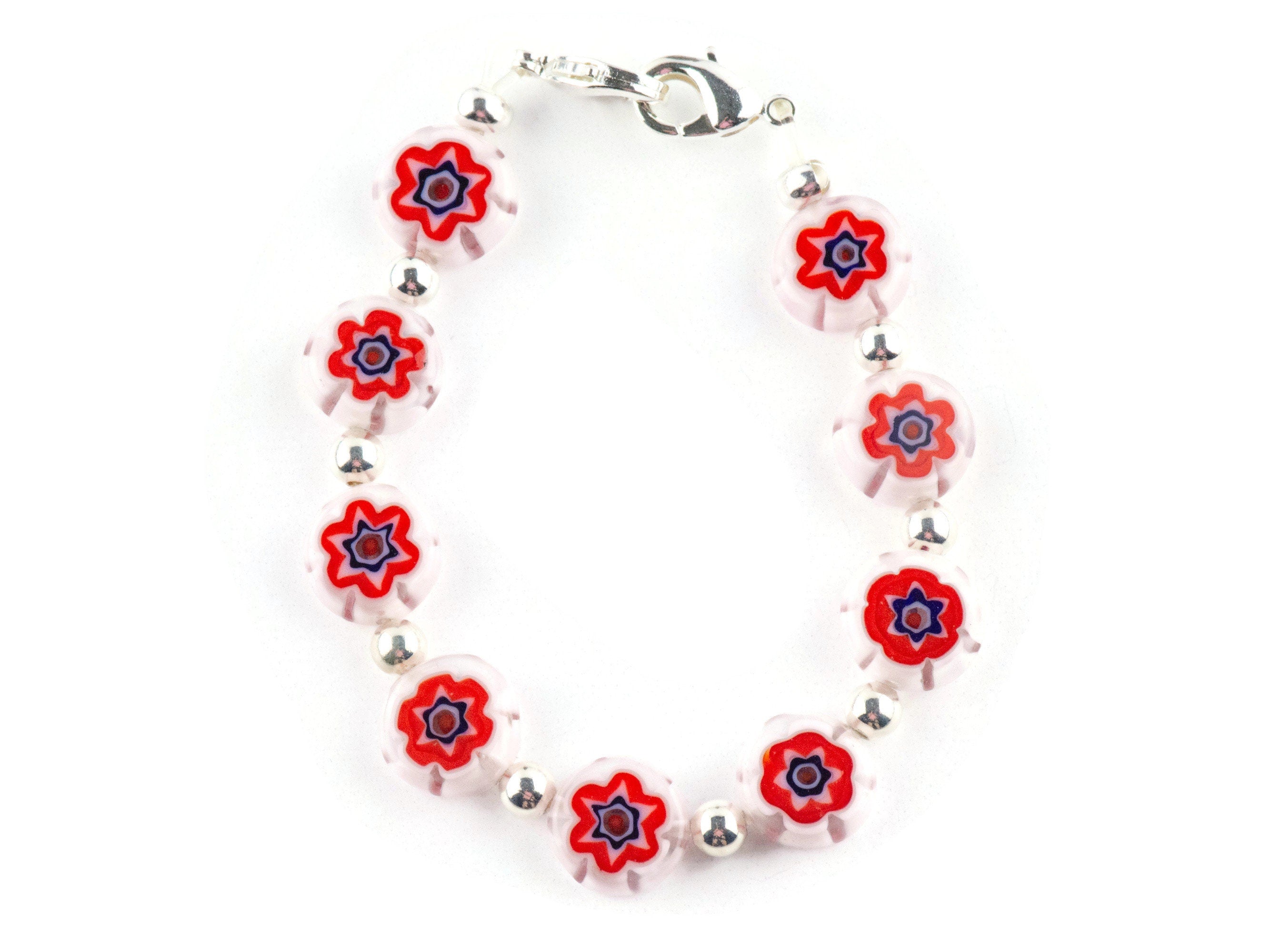 Red Burst Glass Coin Interchangeable Stretch Beaded Watch Band • Medical ID Bracelet • Single Strand • Handmade Jewelry