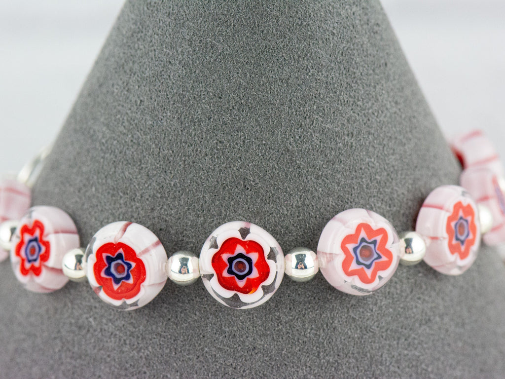 Red Burst Glass Coin Interchangeable Stretch Beaded Watch Band • Medical ID Bracelet • Single Strand • Handmade Jewelry
