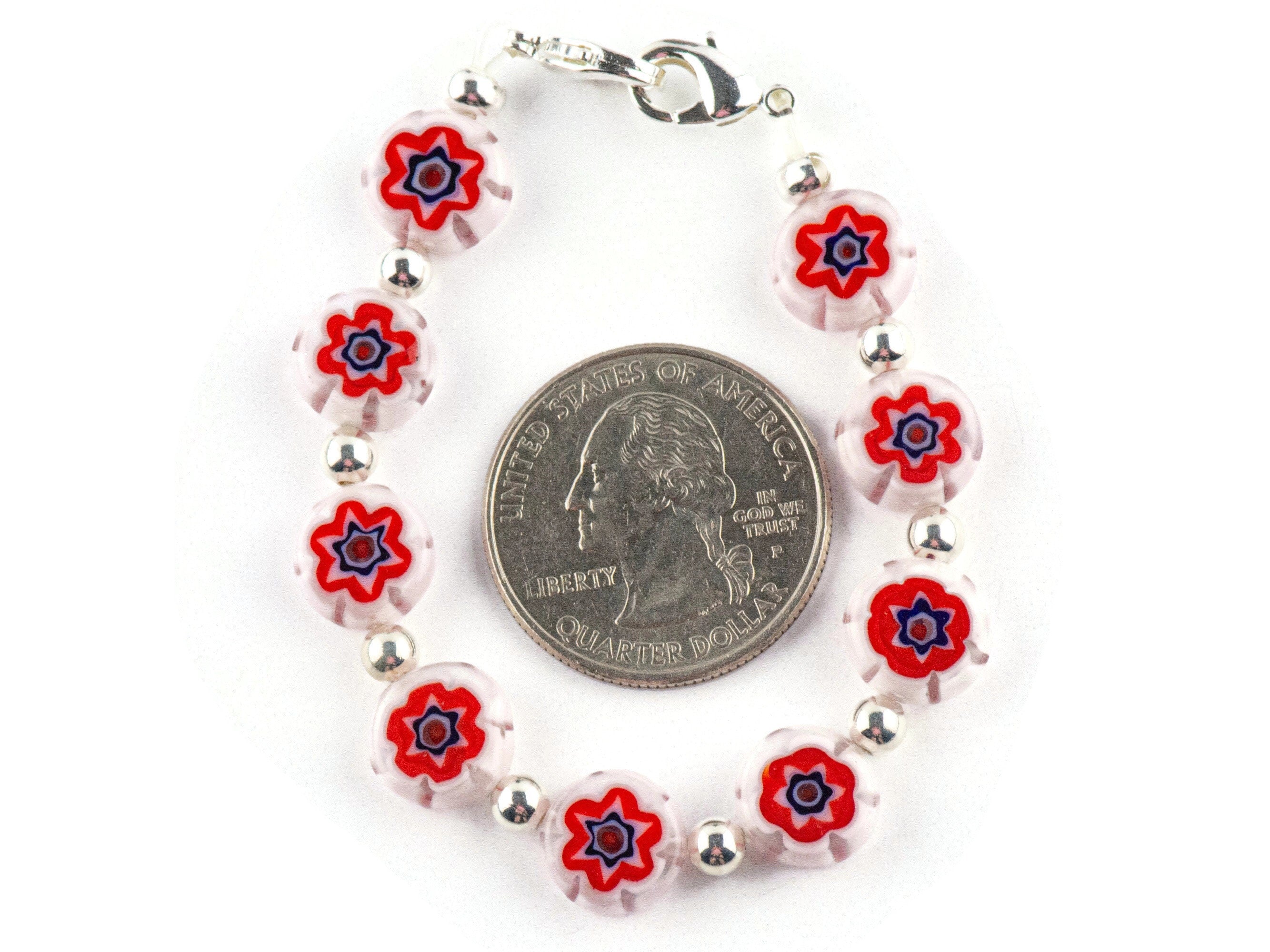 Red Burst Glass Coin Interchangeable Stretch Beaded Watch Band • Medical ID Bracelet • Single Strand • Handmade Jewelry
