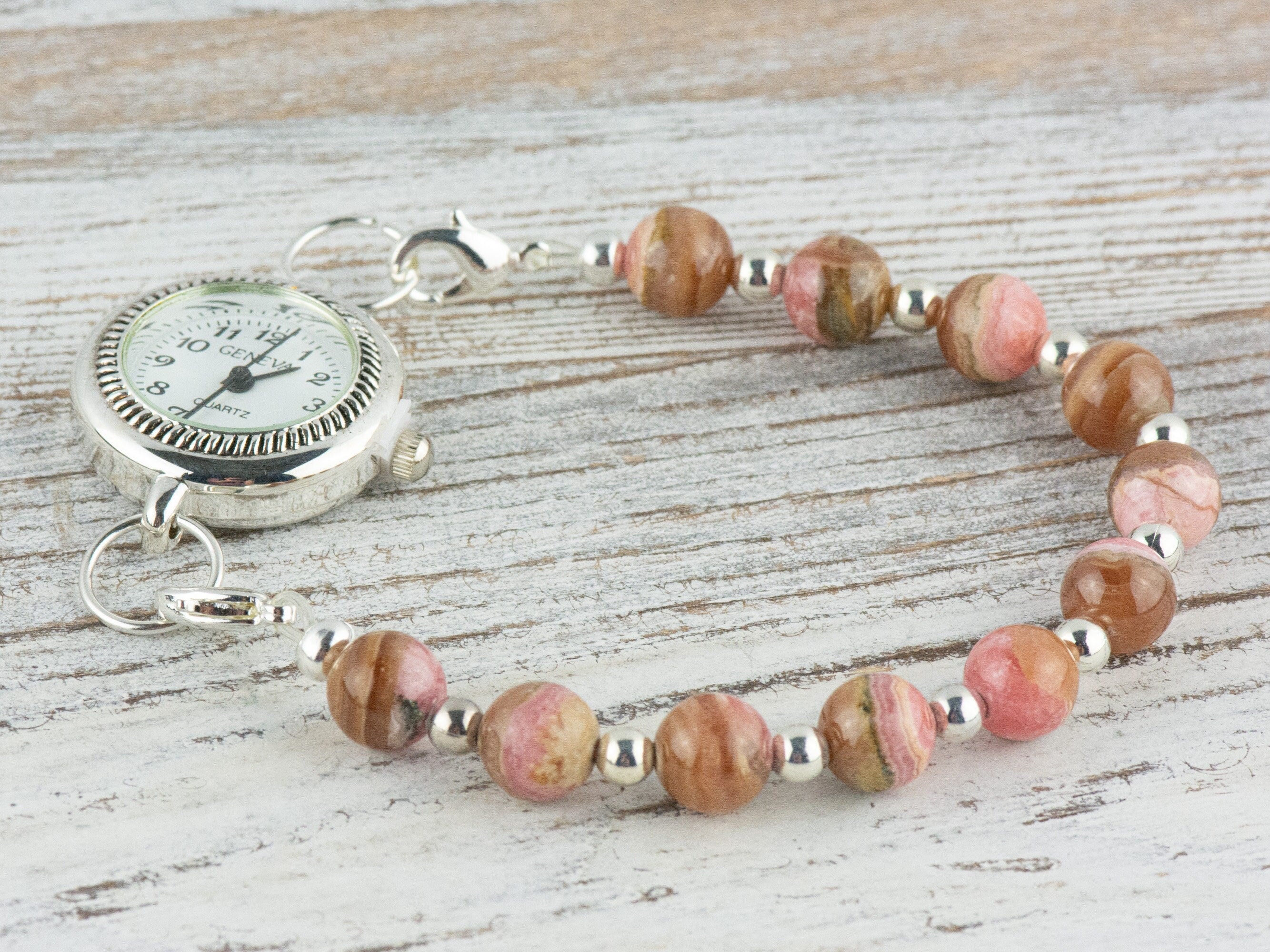 Rhodochrosite Interchangeable Stretch Beaded Watch Band • Medical ID Bracelet • Single Strand Gemstone Band • Handmade Jewelry