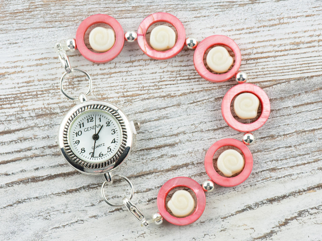 Beachy Shell Loops Interchangeable Stretch Beaded Watch Band • Medical ID Bracelet • Single Strand • Summer Handmade Jewelry