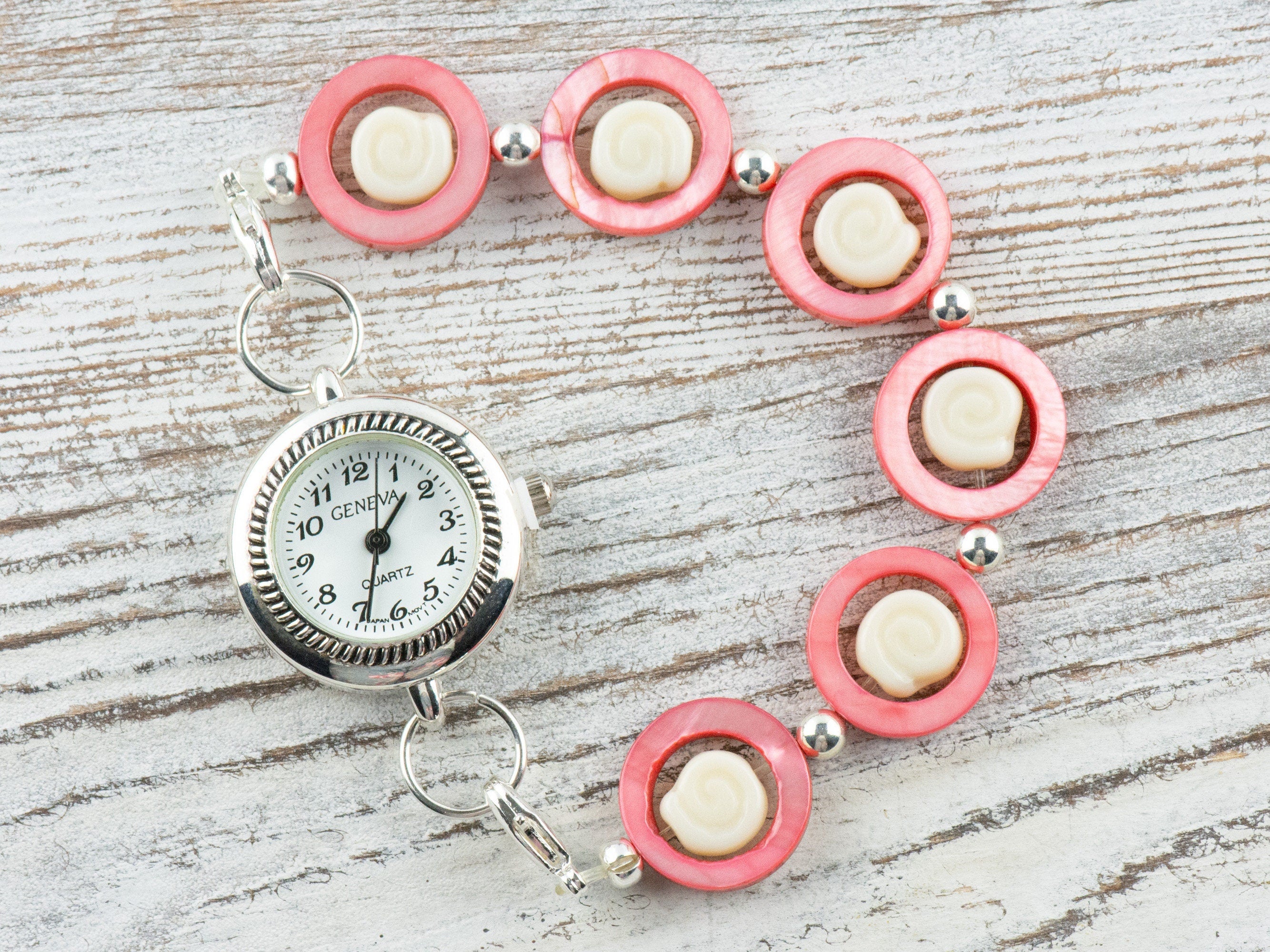 Beachy Shell Loops Interchangeable Stretch Beaded Watch Band • Medical ID Bracelet • Single Strand • Summer Handmade Jewelry