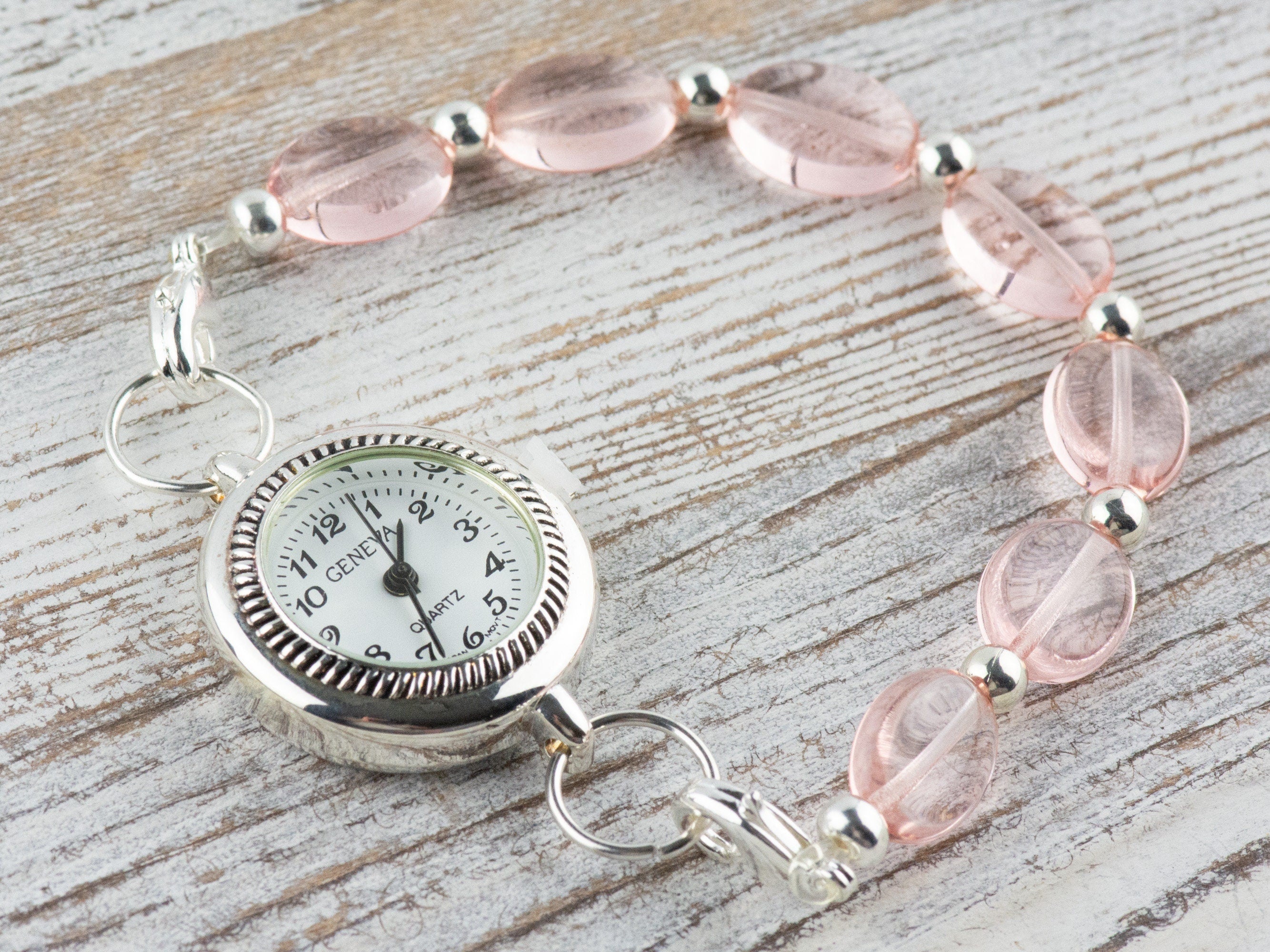 Pink Rose Interchangeable Stretch Beaded Watch Band • Medical ID Bracelet • Single Strand • Handmade Jewelry
