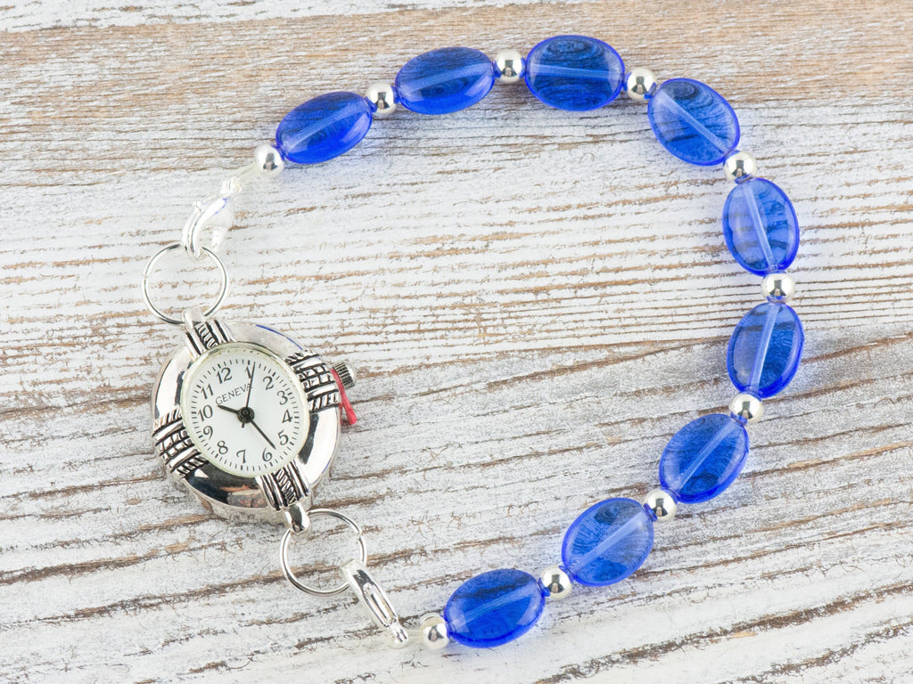 Scrumptious Sapphire Interchangeable Stretch Beaded Watch Band • Medical ID Bracelet • Single Strand • Handmade Jewelry