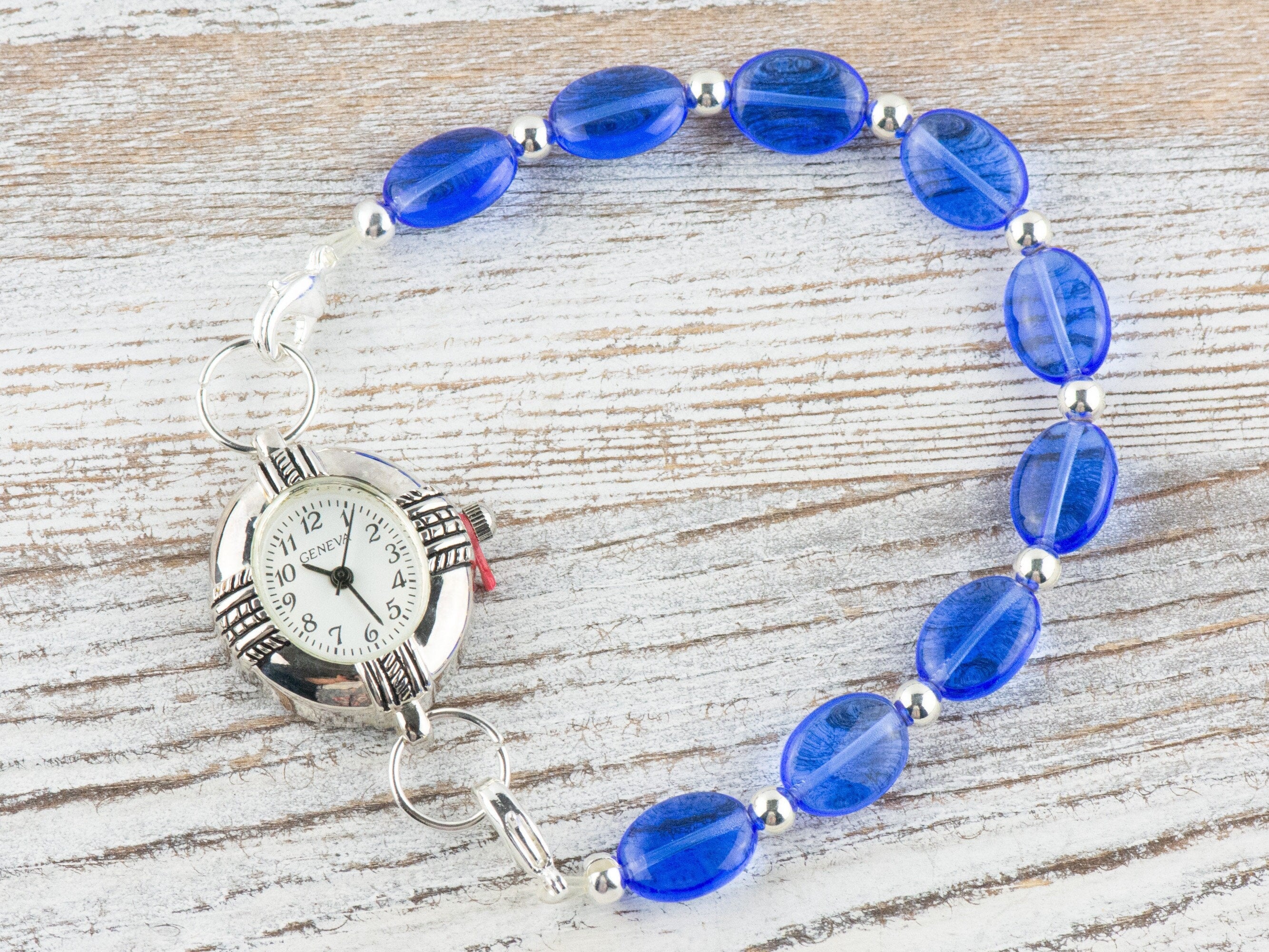 Scrumptious Sapphire Interchangeable Stretch Beaded Watch Band • Medical ID Bracelet • Single Strand • Handmade Jewelry