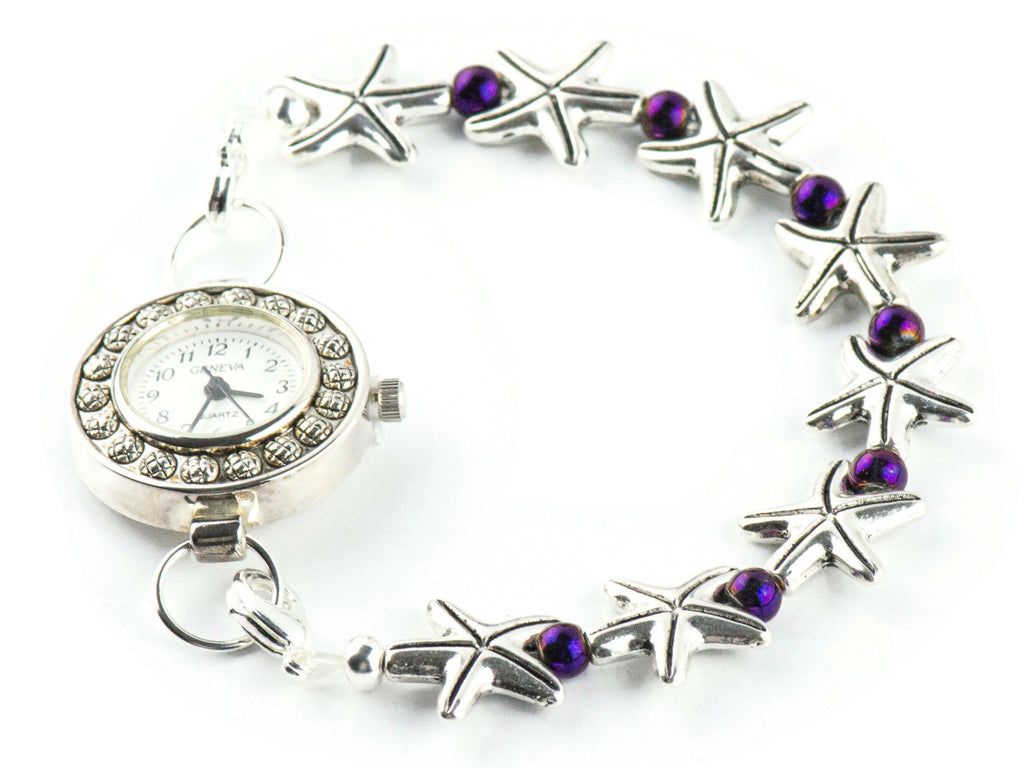Purple Starfish Interchangeable Stretch Beaded Watch Band • Medical ID Bracelet • Single Strand • Handmade Jewelry