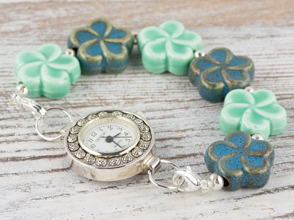 Blue Ceramic Flowers Interchangeable Stretch Beaded Watch Band • Medical ID Bracelet • Single Strand • Handmade Jewelry
