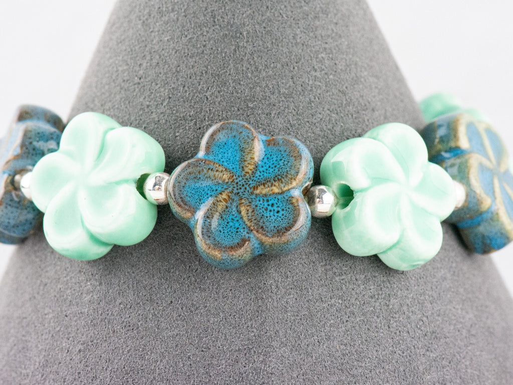 Blue Ceramic Flowers Interchangeable Stretch Beaded Watch Band • Medical ID Bracelet • Single Strand • Handmade Jewelry