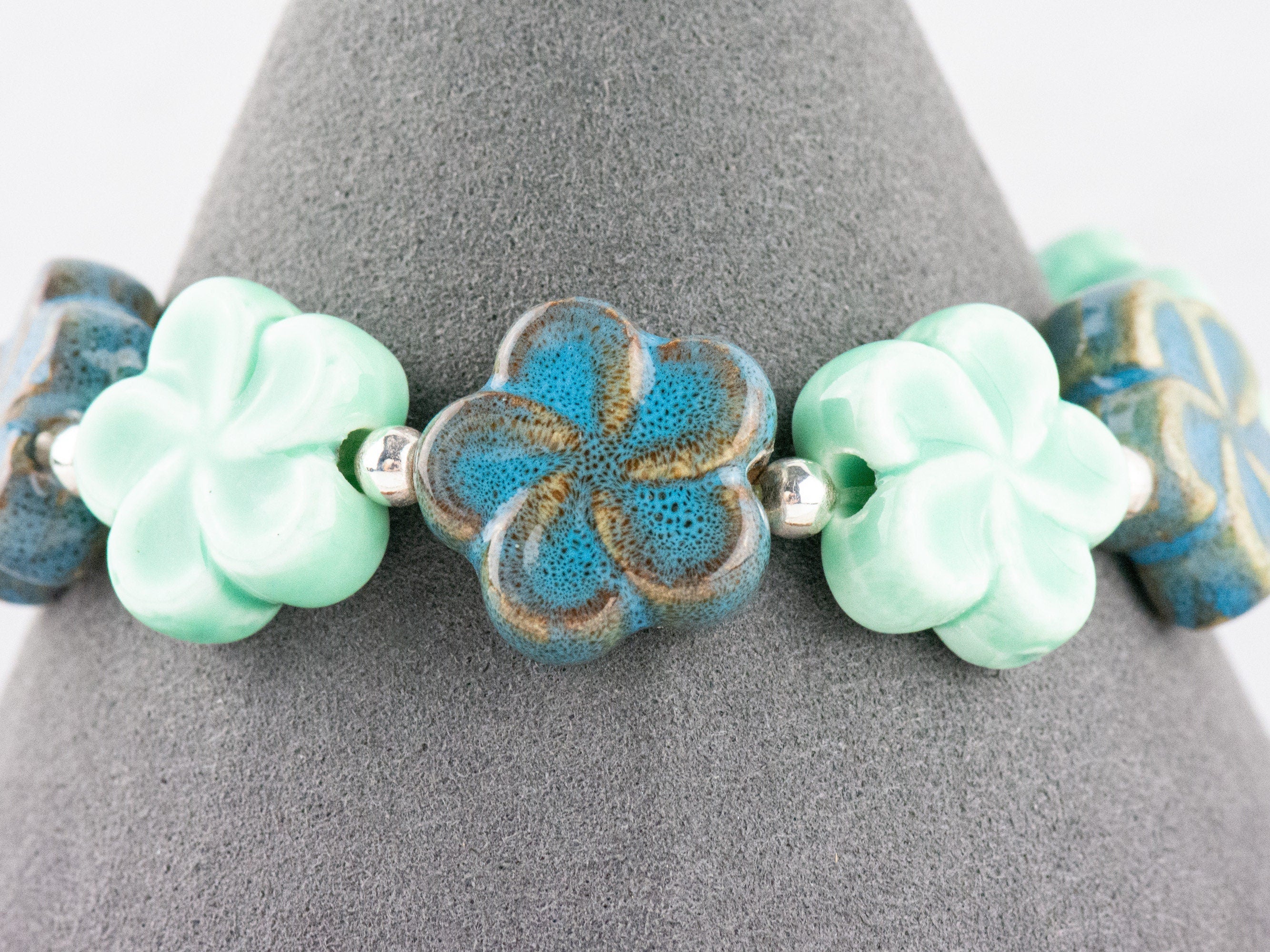 Blue Ceramic Flowers Interchangeable Stretch Beaded Watch Band • Medical ID Bracelet • Single Strand • Handmade Jewelry