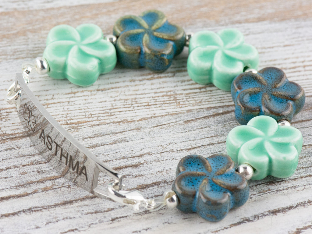 Blue Ceramic Flowers Interchangeable Stretch Beaded Watch Band • Medical ID Bracelet • Single Strand • Handmade Jewelry