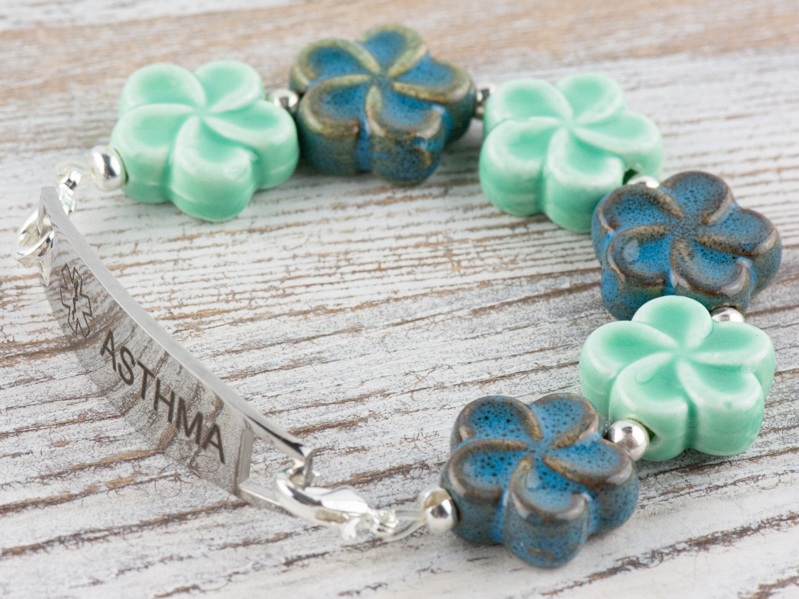 Blue Ceramic Flowers Interchangeable Stretch Beaded Watch Band • Medical ID Bracelet • Single Strand • Handmade Jewelry
