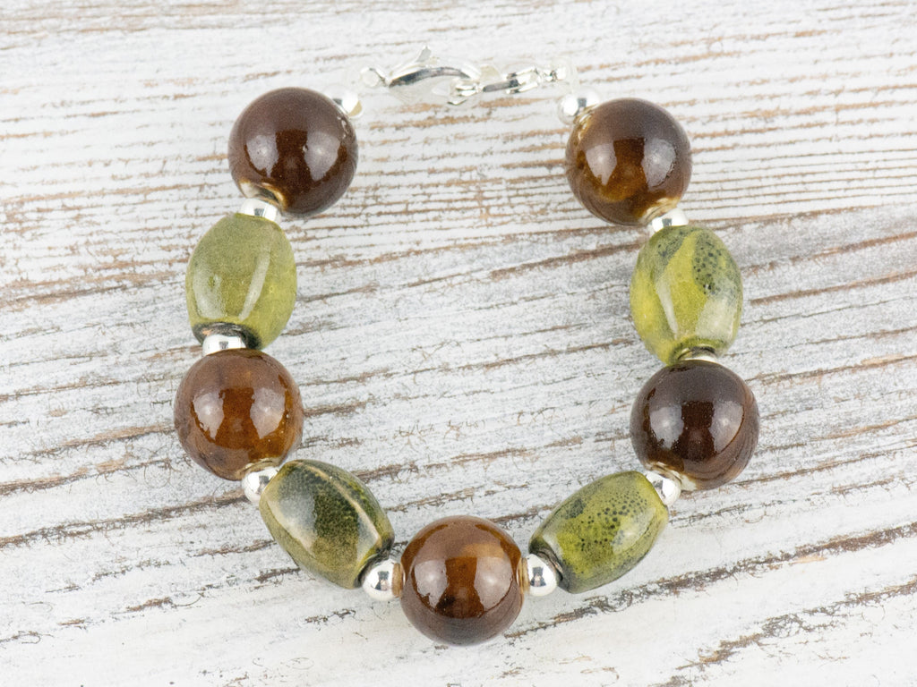 Brown and Olive Clay Interchangeable Stretch Beaded Watch Band • Medical ID Bracelet • Single Strand • Handmade Jewelry