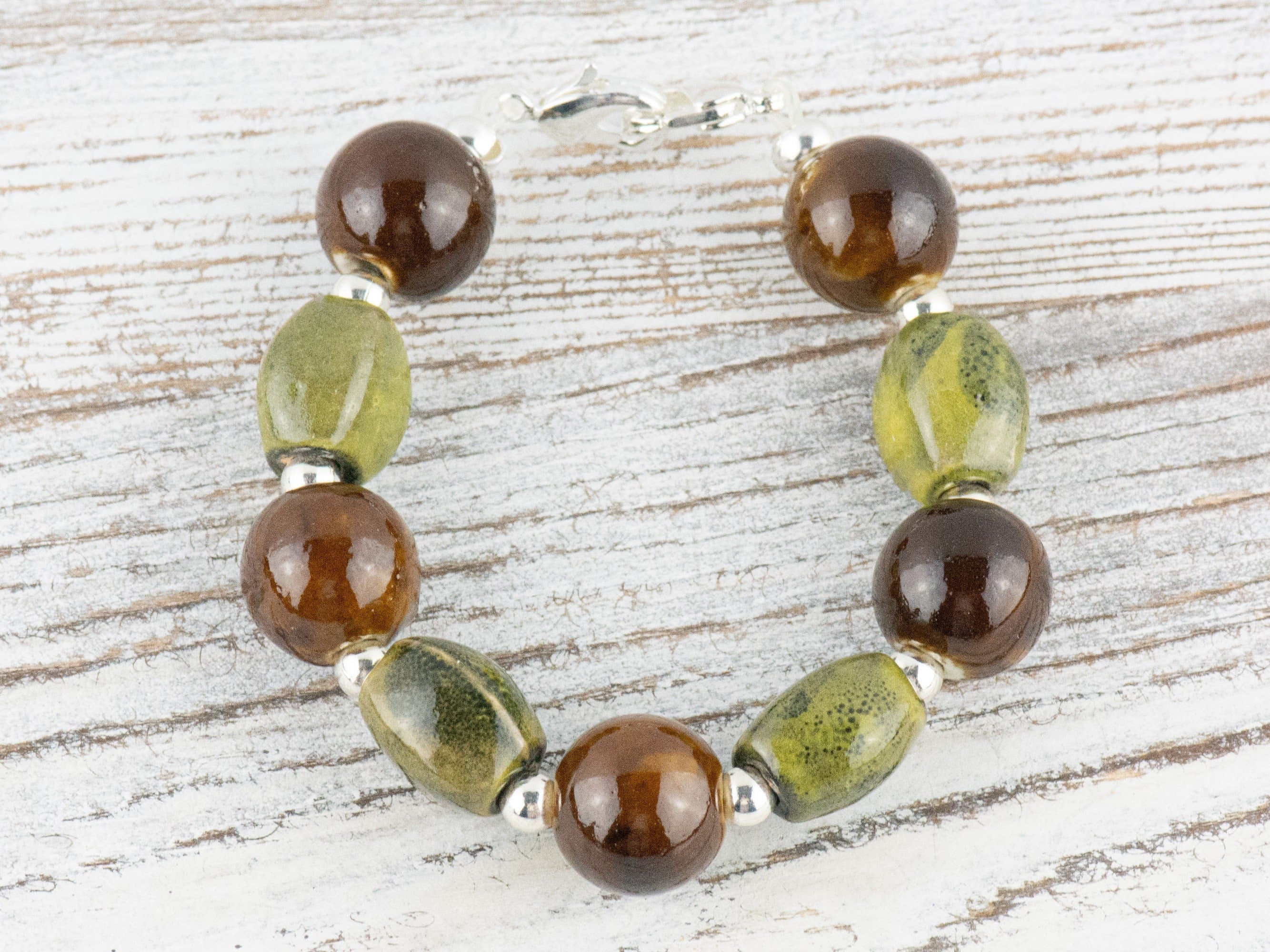 Brown and Olive Clay Interchangeable Stretch Beaded Watch Band • Medical ID Bracelet • Single Strand • Handmade Jewelry
