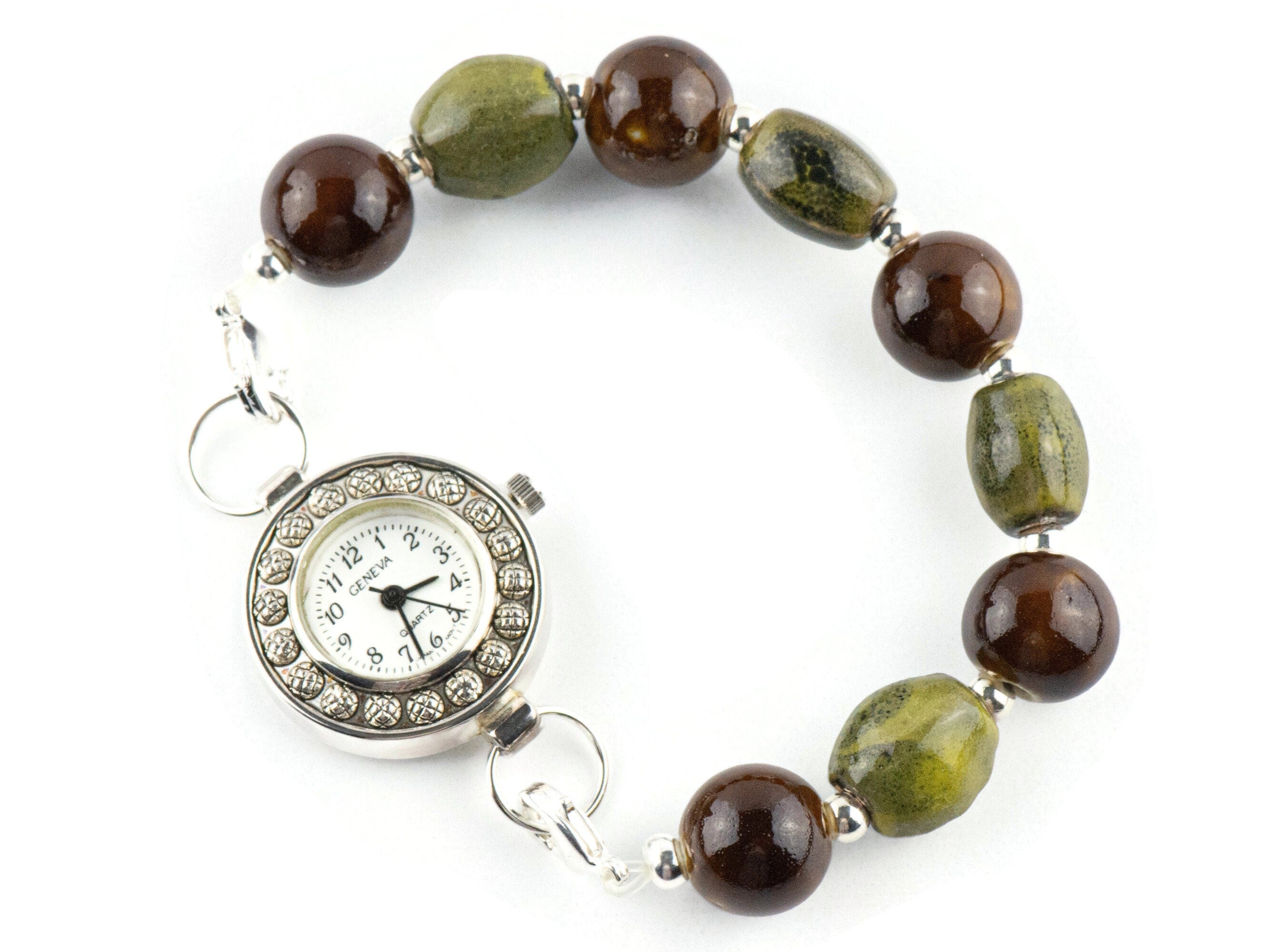 Brown and Olive Clay Interchangeable Stretch Beaded Watch Band • Medical ID Bracelet • Single Strand • Handmade Jewelry