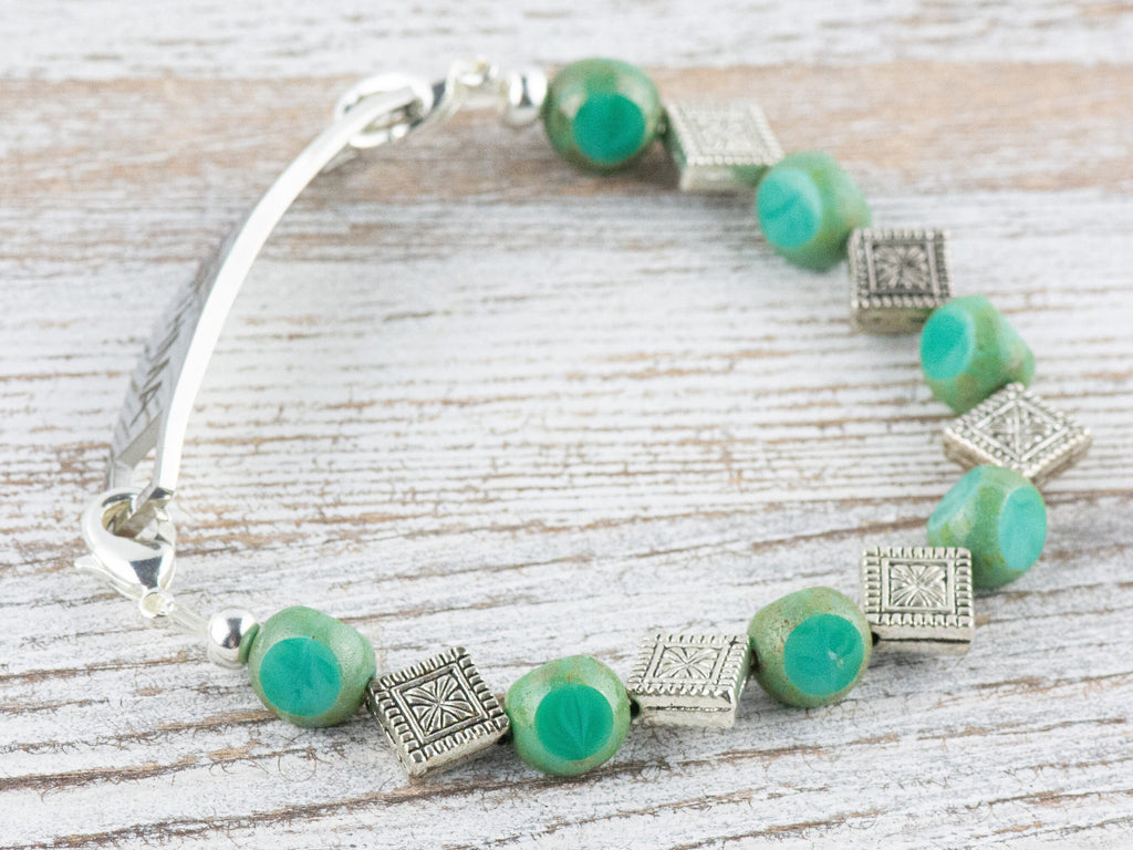 Aqua Czech Glass and Diamonds Interchangeable Stretch Beaded Watch Band • Medical ID Bracelet • Single Strand • Handmade Jewelry