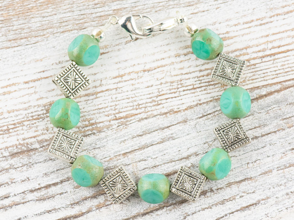 Aqua Czech Glass and Diamonds Interchangeable Stretch Beaded Watch Band • Medical ID Bracelet • Single Strand • Handmade Jewelry