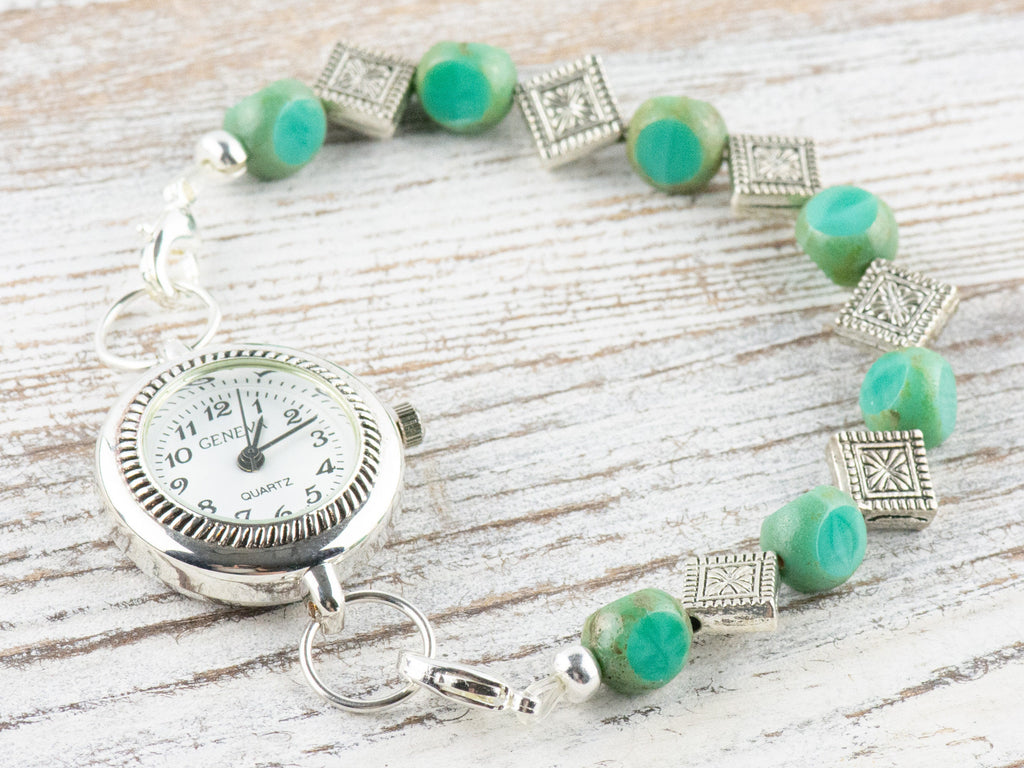 Aqua Czech Glass and Diamonds Interchangeable Stretch Beaded Watch Band • Medical ID Bracelet • Single Strand • Handmade Jewelry