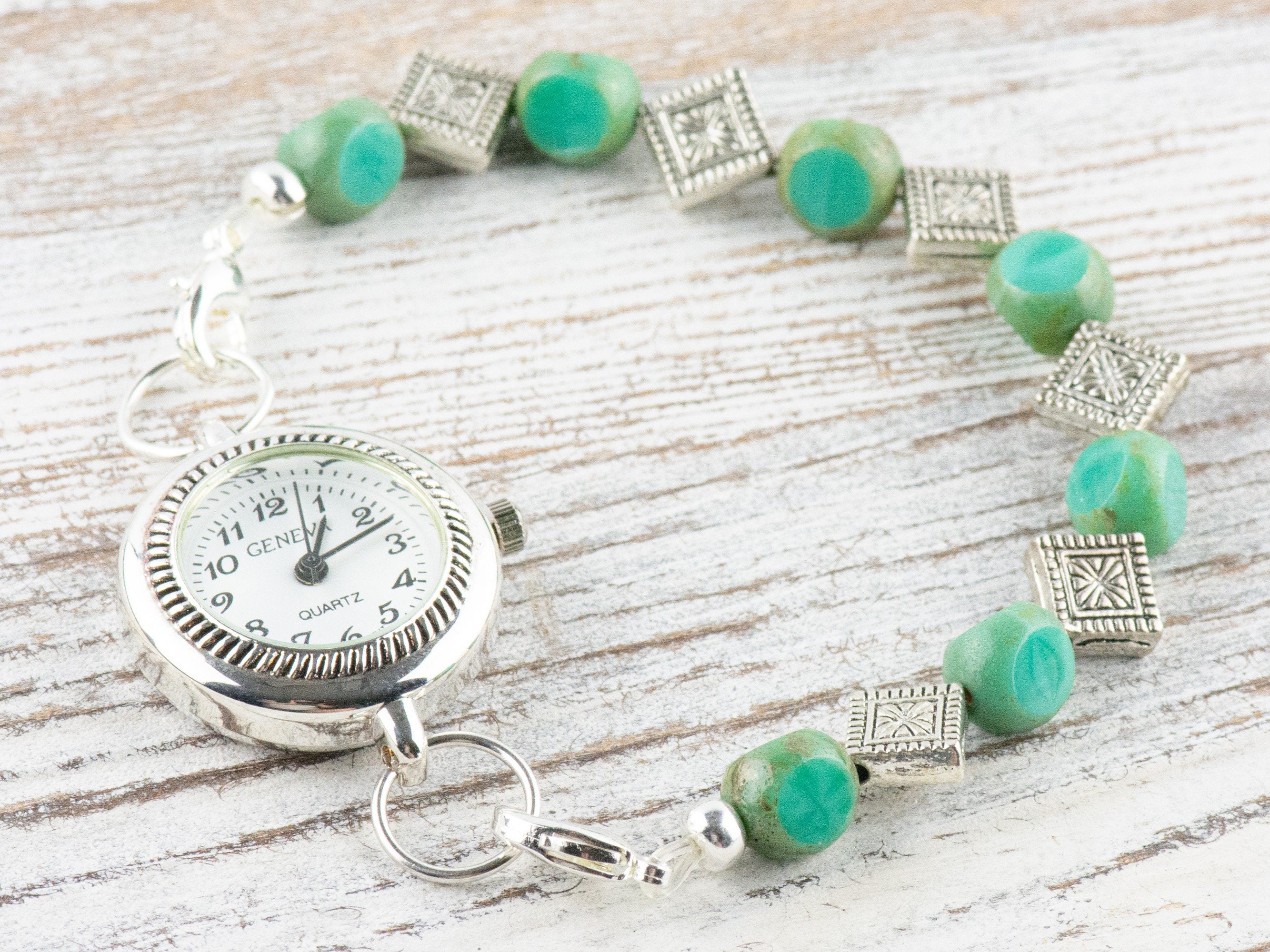 Aqua Czech Glass and Diamonds Interchangeable Stretch Beaded Watch Band • Medical ID Bracelet • Single Strand • Handmade Jewelry