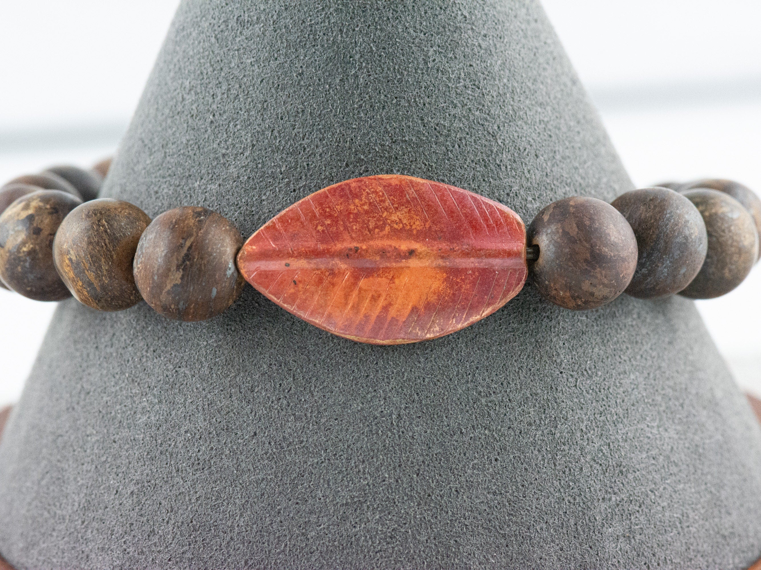 Copper Leaf Bronzite Beaded Stretch Bracelet / Boho Style Gemstone Bracelet / Nature Inspired Earthy Fall Jewelry