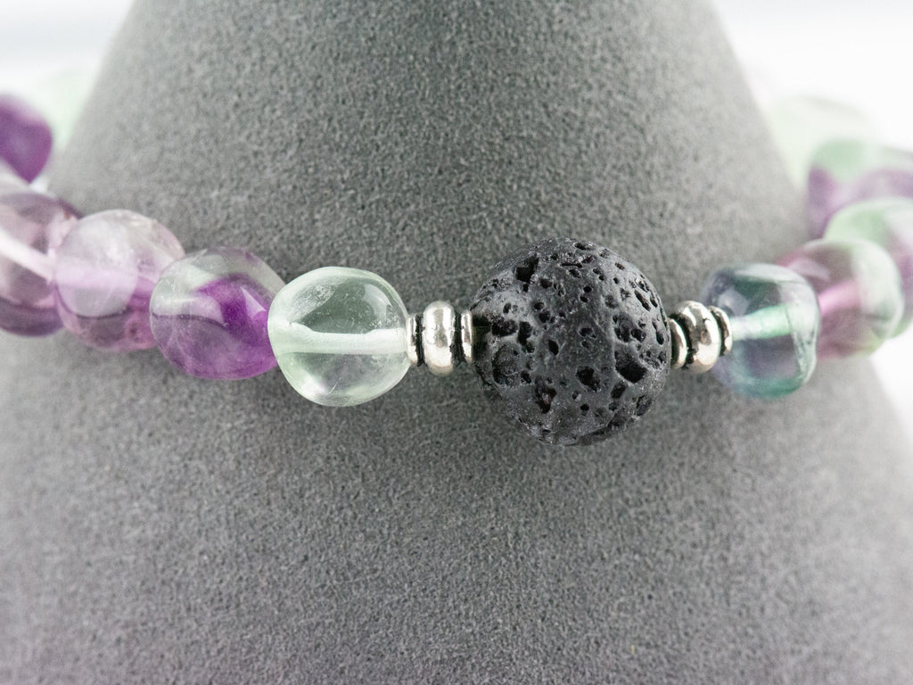 Fluorite Nugget and Lava Stone Beaded Stretch Bracelet / Handmade Gemstone Jewelry / Diffuser Bracelet