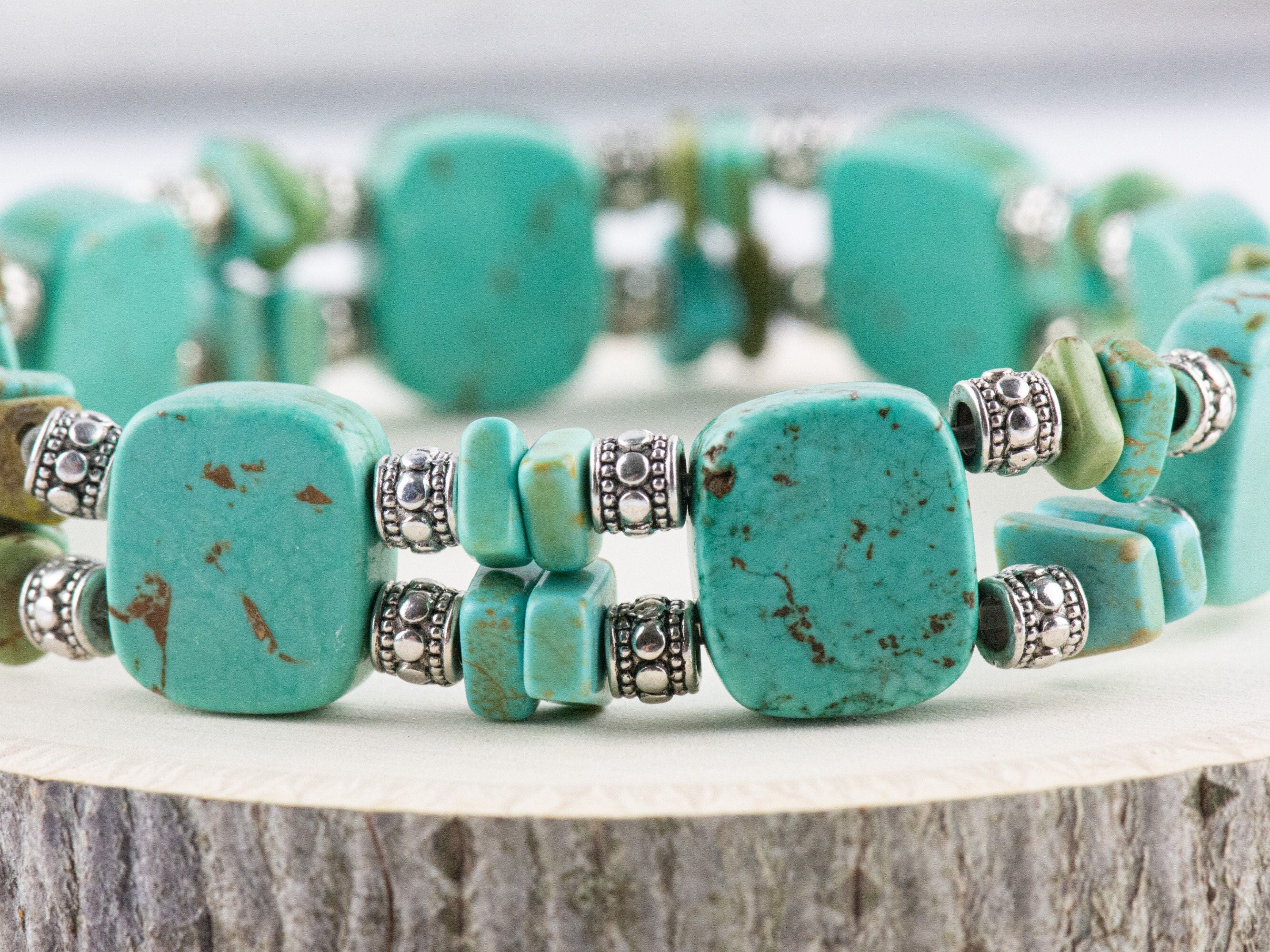 Howlite Gemstone Double Strand Silver Plated Stretch Bracelet / Turquoise Blue / Bohemian Jewelry