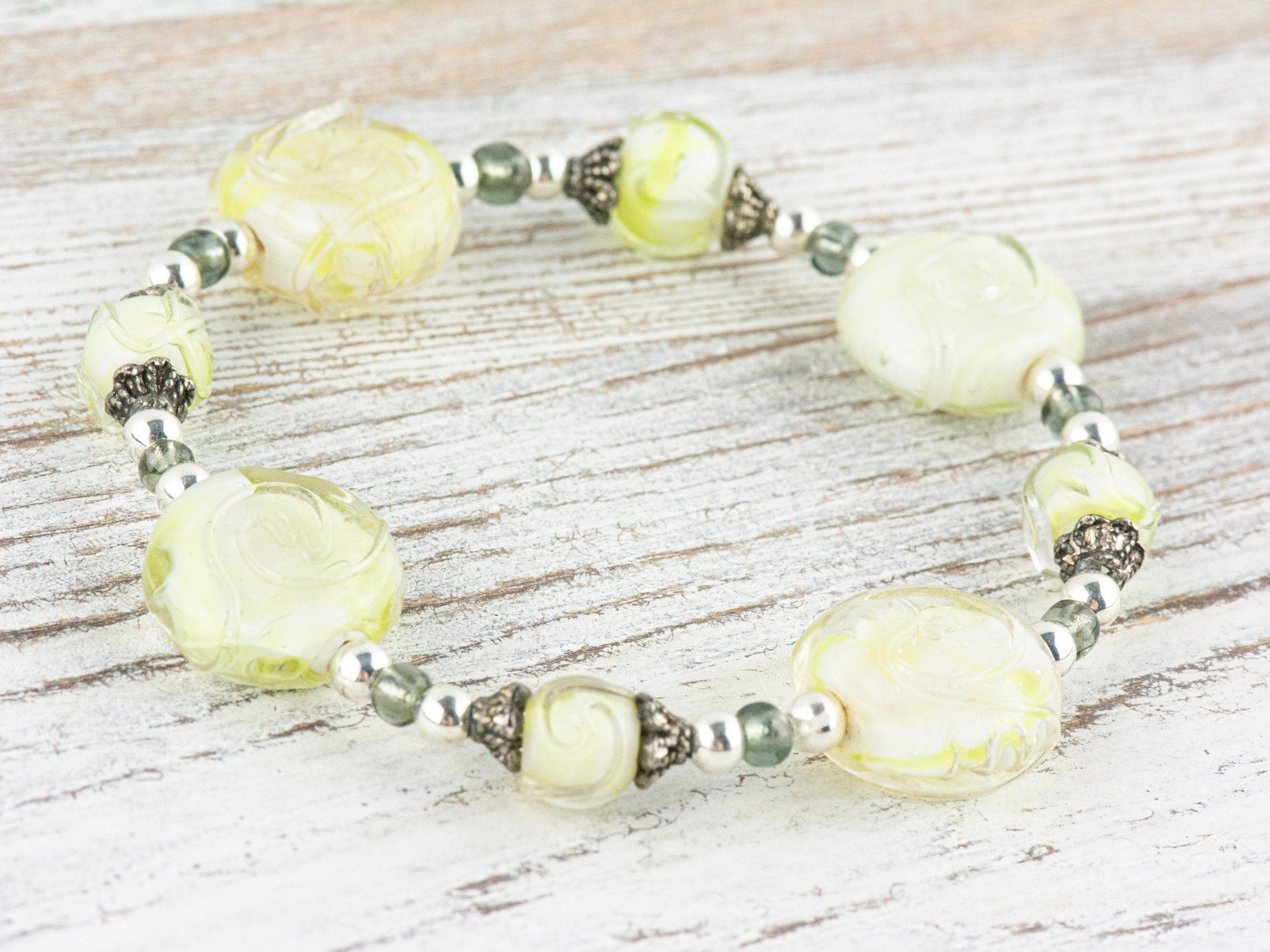 Mint Green Glass Swirl Beaded Stretch Bracelet / Handmade Jewelry / Unique Chunky Bracelet