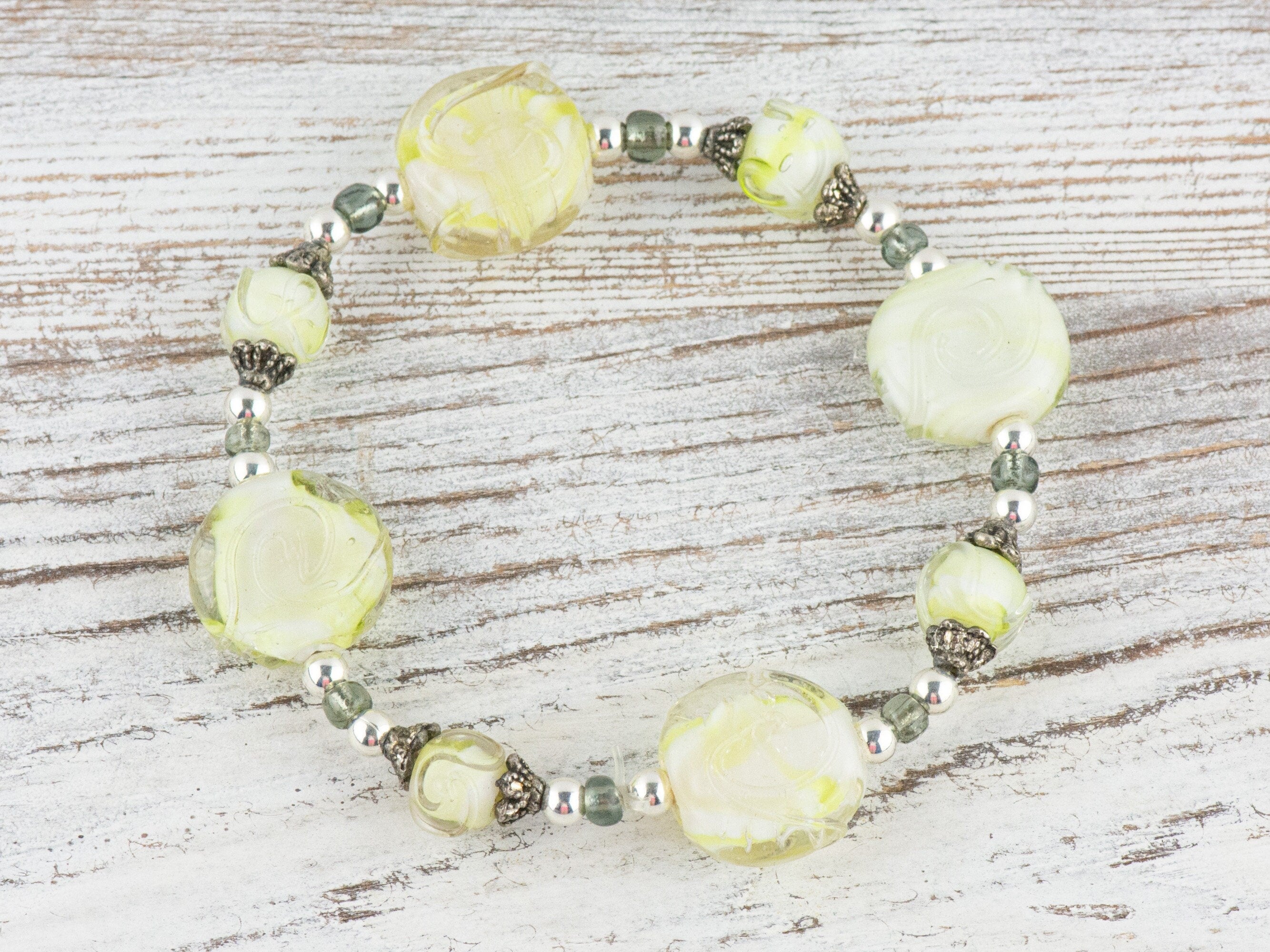 Mint Green Glass Swirl Beaded Stretch Bracelet / Handmade Jewelry / Unique Chunky Bracelet