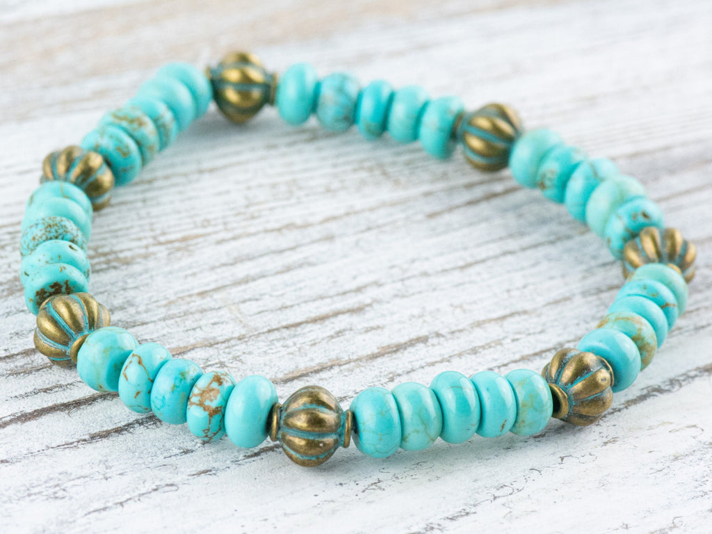 Howlite Turquoise Rondelle Beaded Stretch Bracelet / Boho Bracelet / Handmade Jewelry / Something Blue