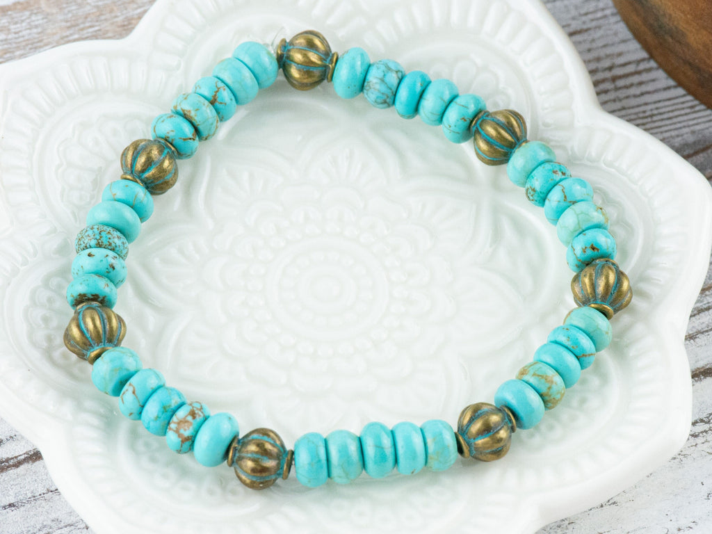 Howlite Turquoise Rondelle Beaded Stretch Bracelet / Boho Bracelet / Handmade Jewelry / Something Blue