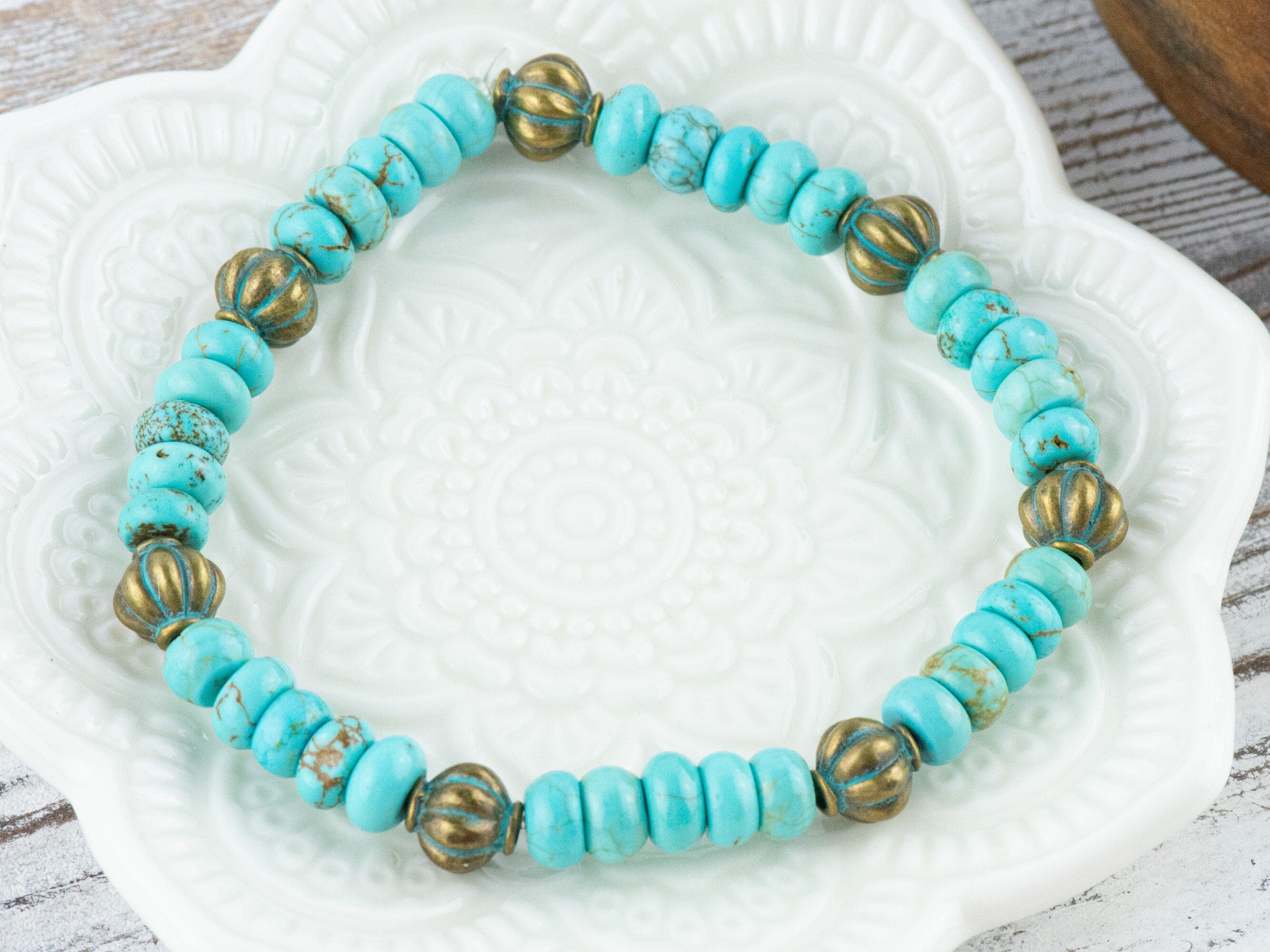 Howlite Turquoise Rondelle Beaded Stretch Bracelet / Boho Bracelet / Handmade Jewelry / Something Blue