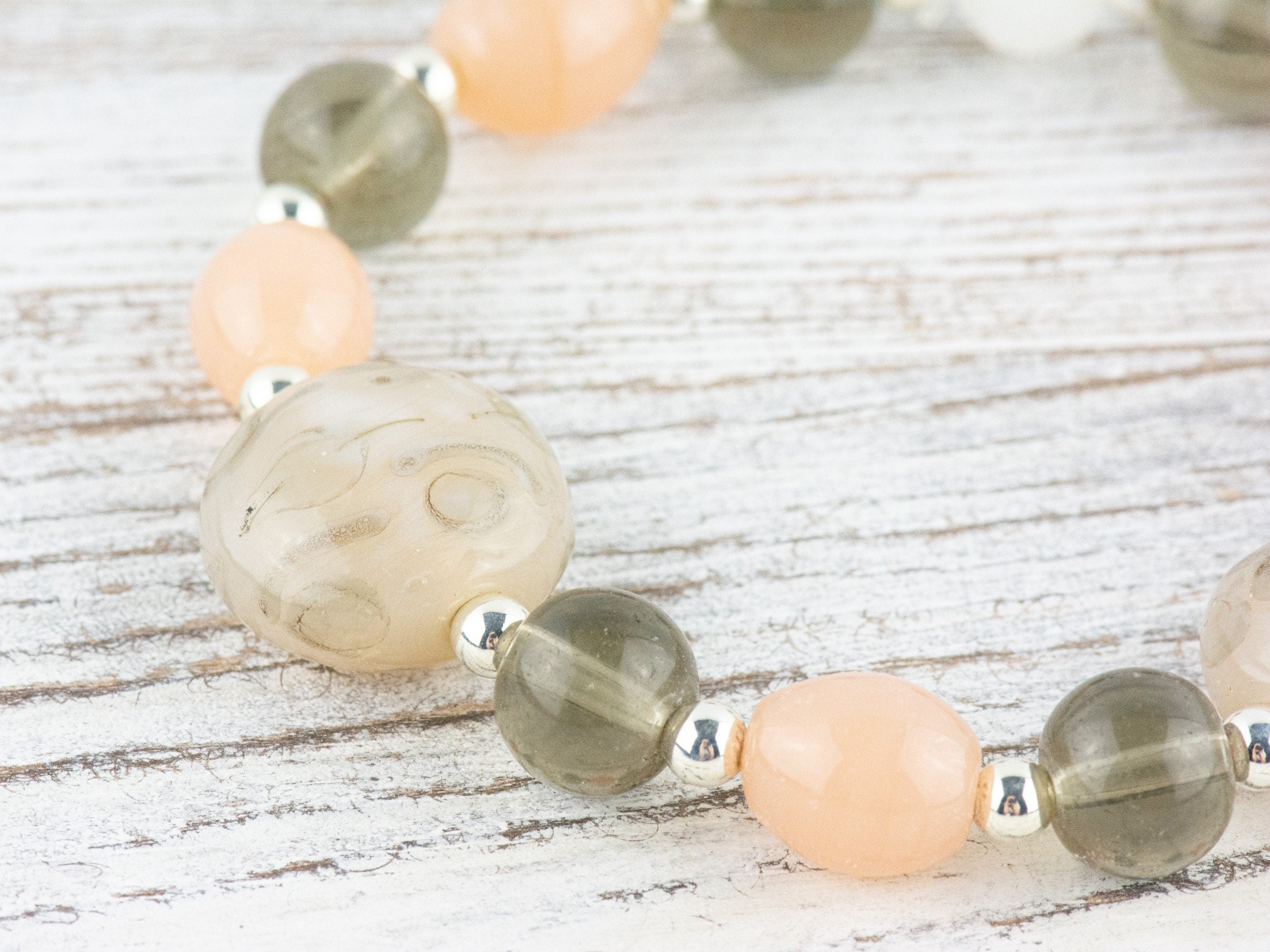 Peach and Olive Chunky Glass Beaded Stretch Bracelet / Handmade Jewelry / Boho Style