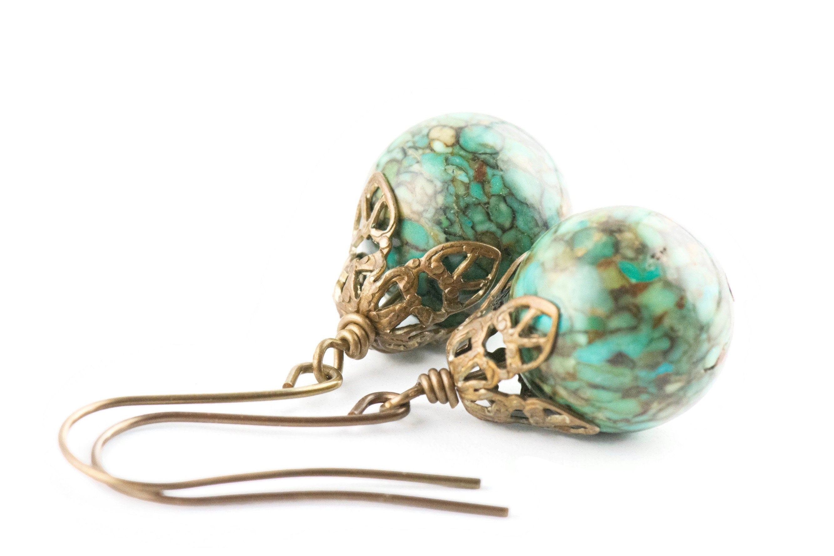 Mosaic Blue Green Turquoise Filigree Brass Earrings / Handmade Earrings / Earthy Brass Jewelry