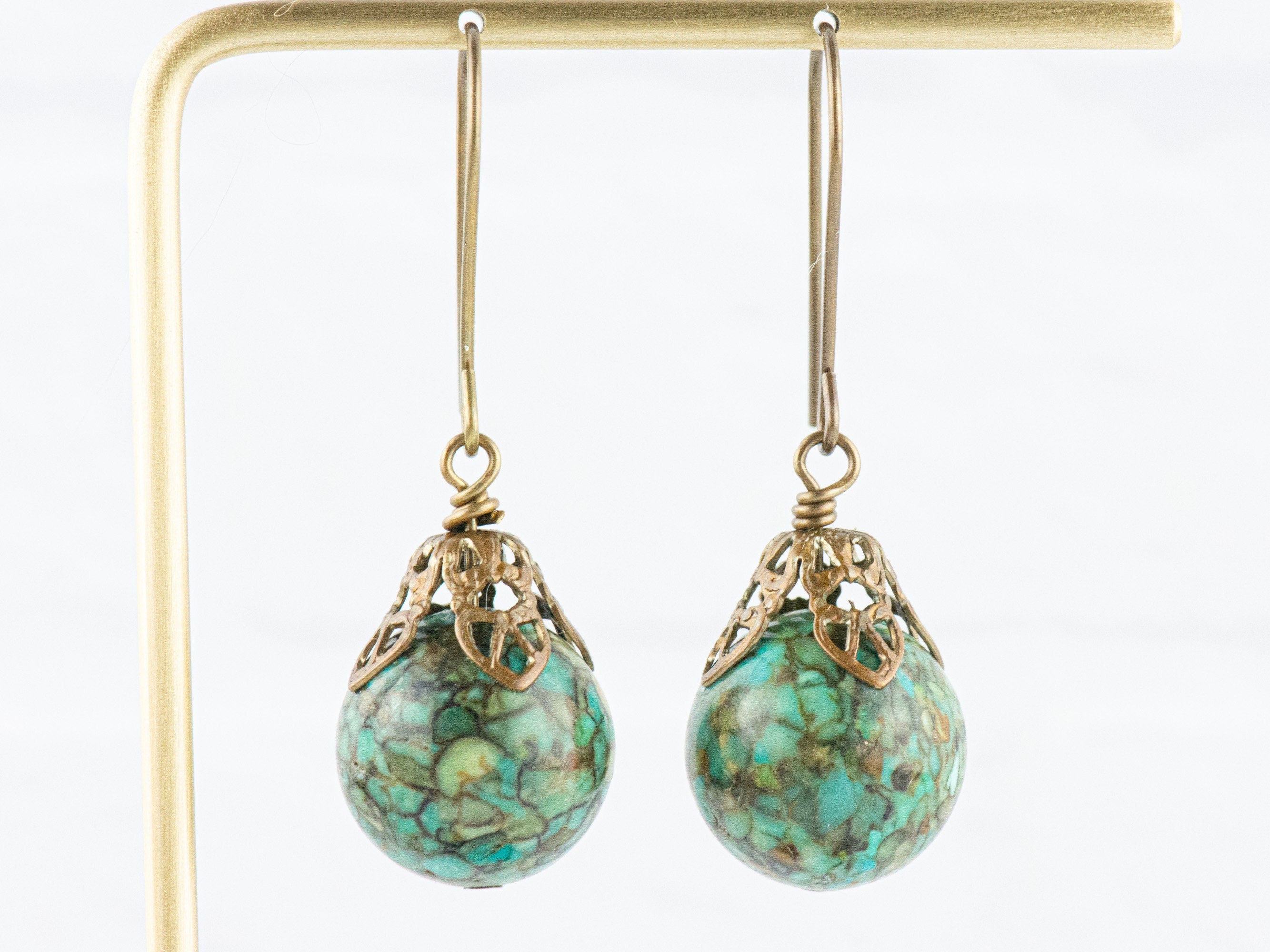 Mosaic Blue Green Turquoise Filigree Brass Earrings / Handmade Earrings / Earthy Brass Jewelry