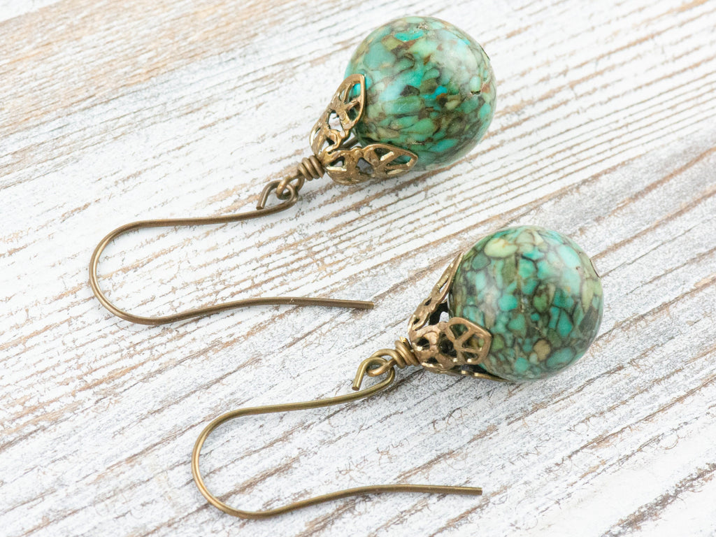 Mosaic Blue Green Turquoise Filigree Brass Earrings / Handmade Earrings / Earthy Brass Jewelry